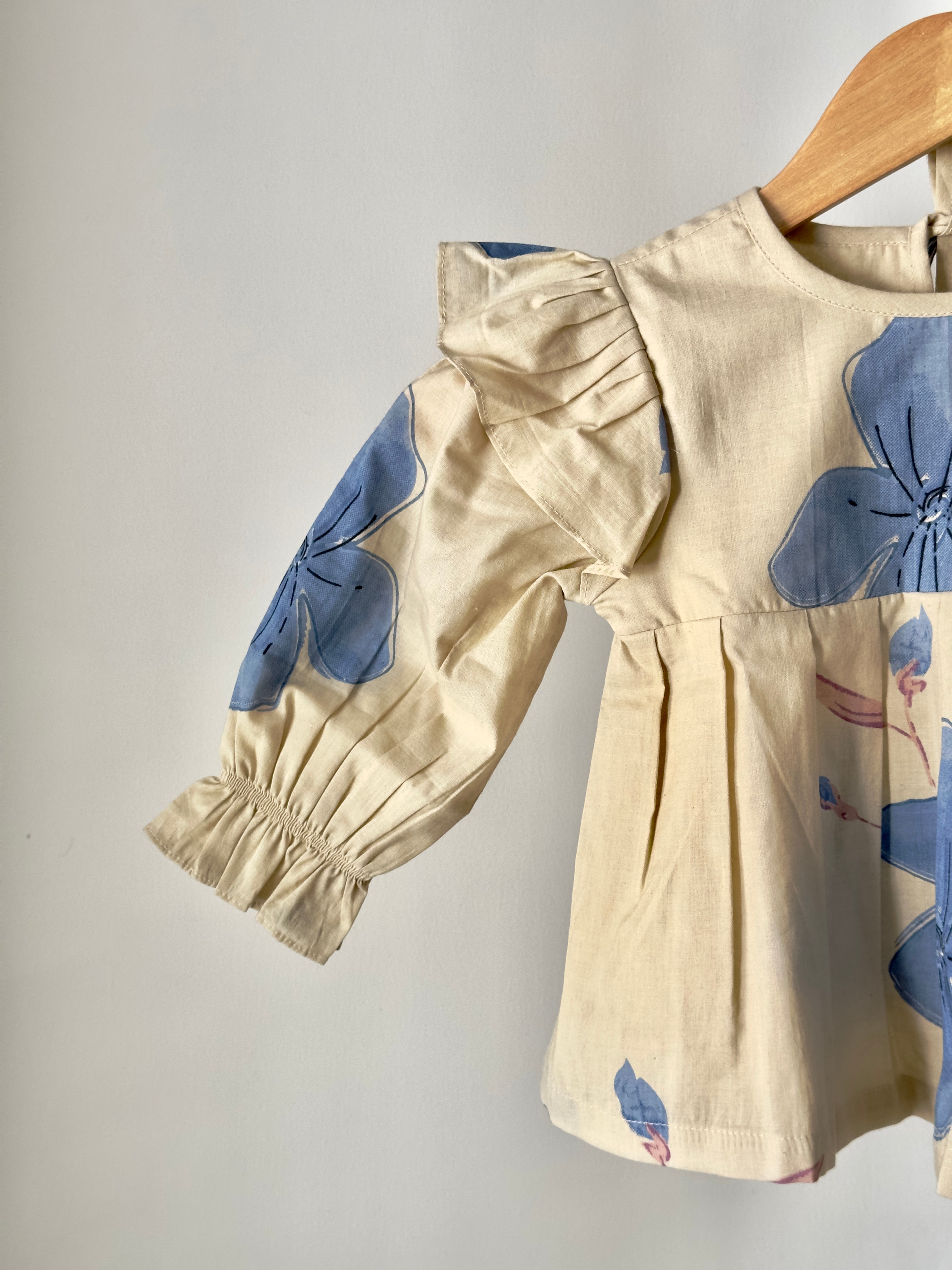 Baby girl floral ruffle co-ord set in cream and blue cotton