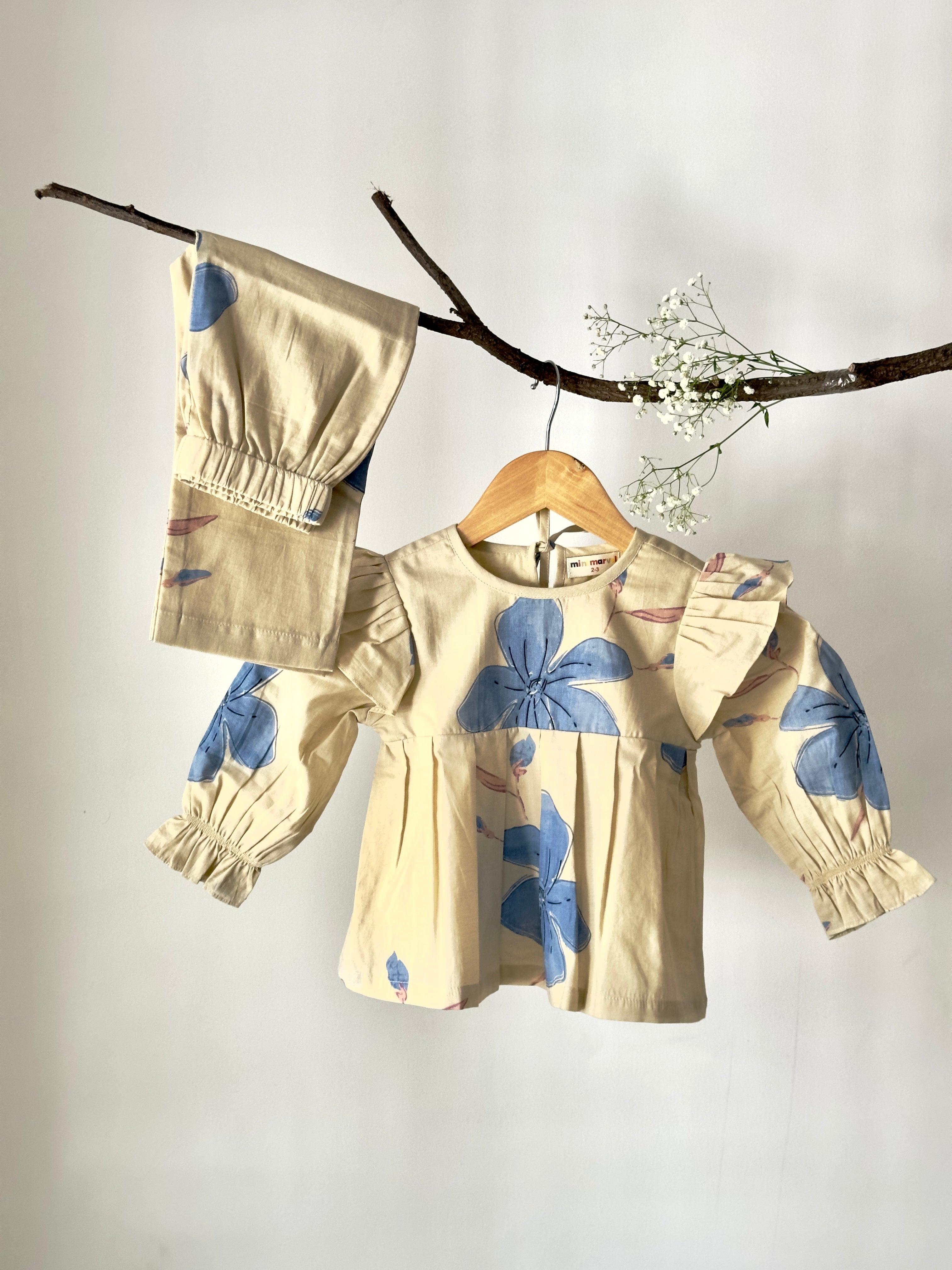 Baby girl floral ruffle co-ord set in cream and blue cotton