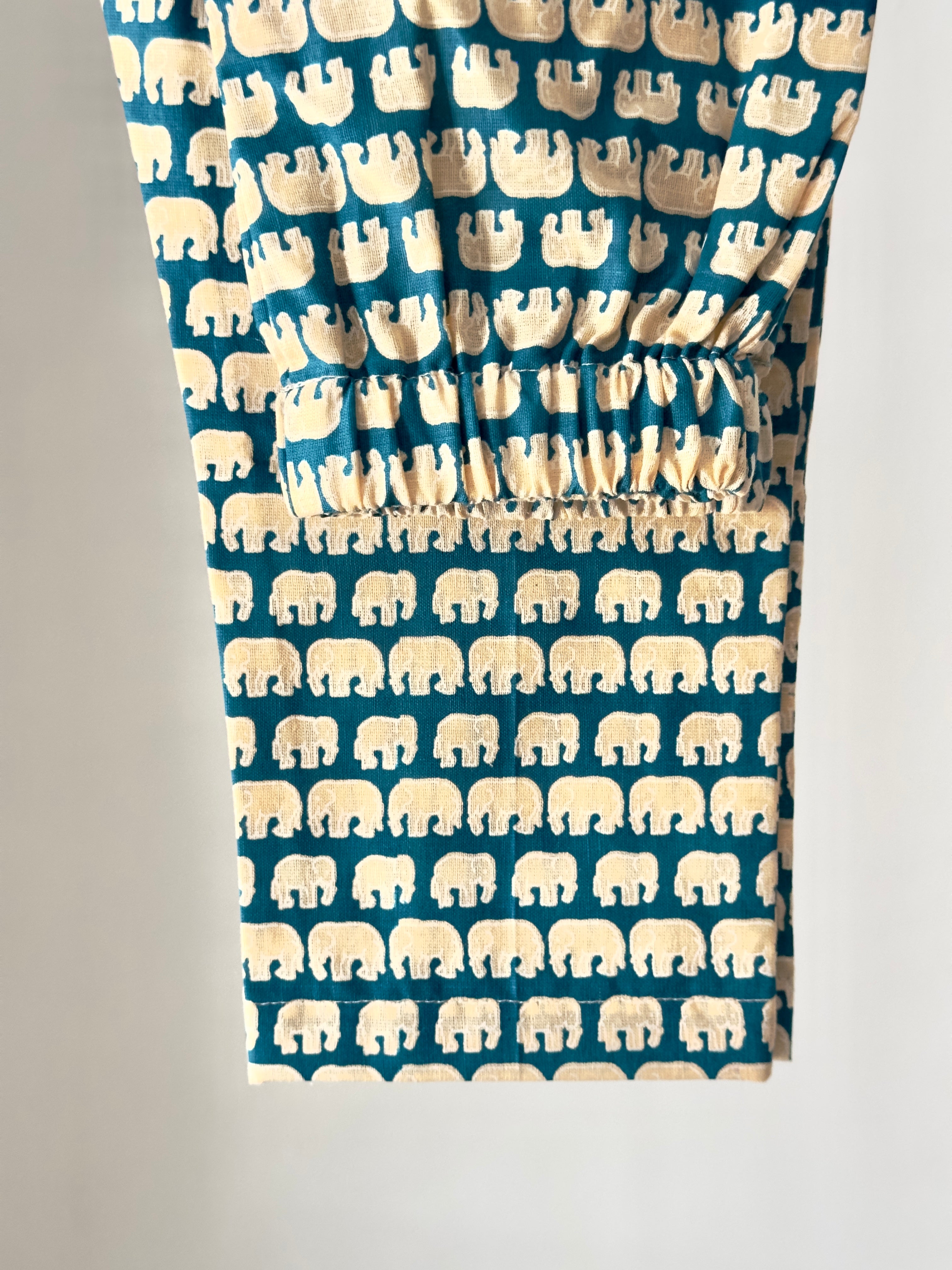 cotton co-ord set with teal elephant print – top and bottom.