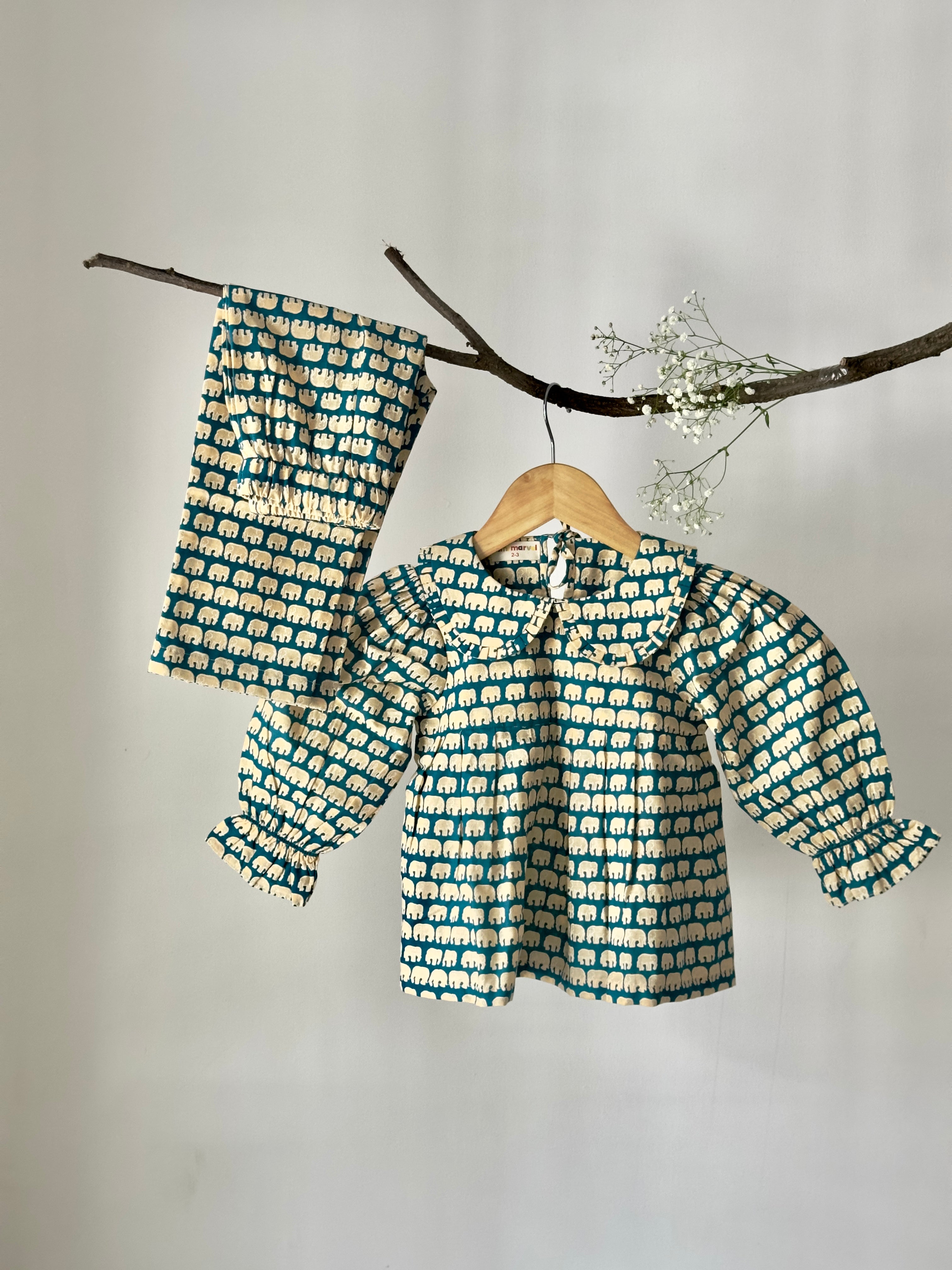 cotton co-ord set with teal elephant print – top and bottom.