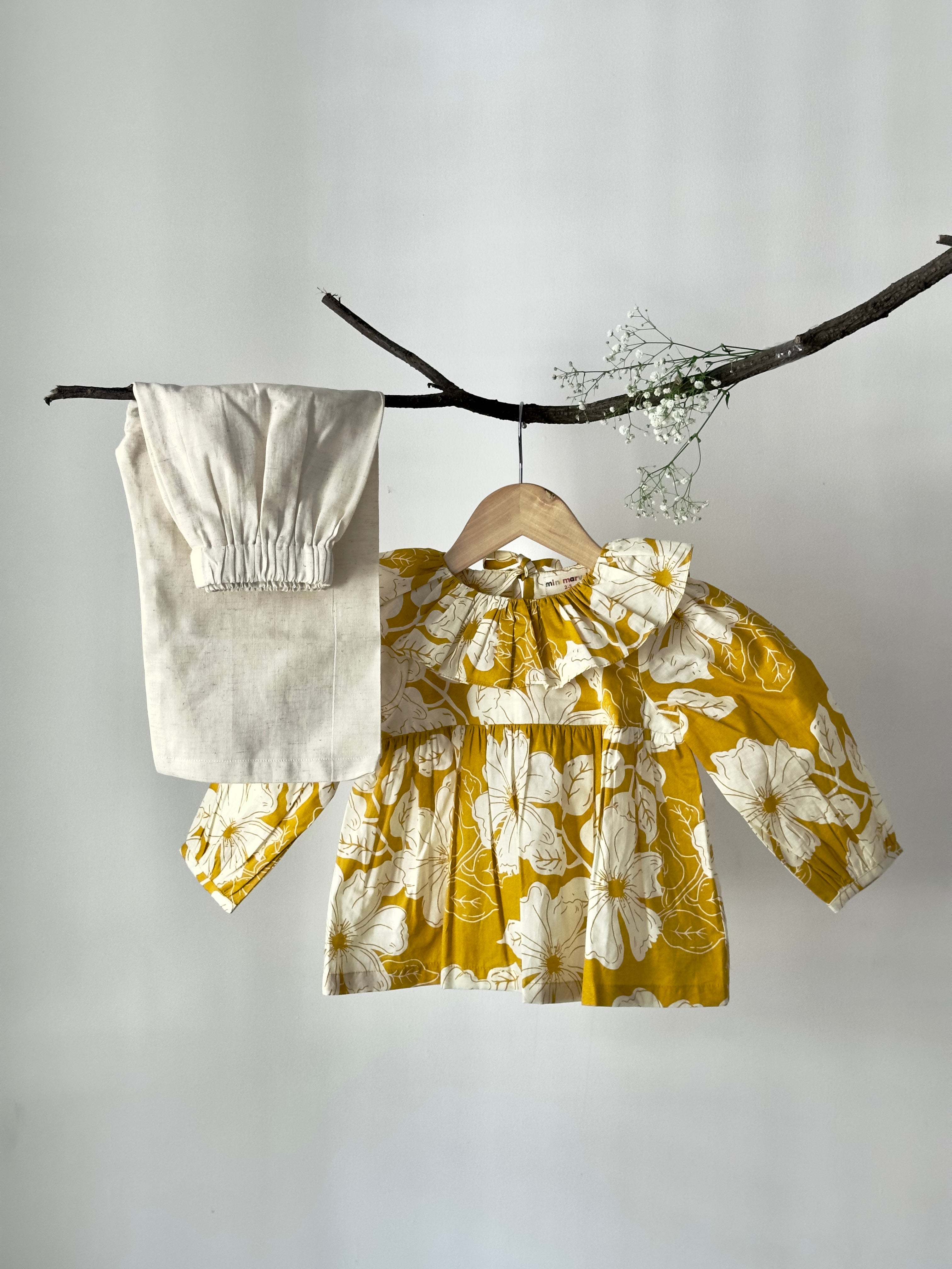 Ruffled neckline floral top with matching cream cotton bottoms