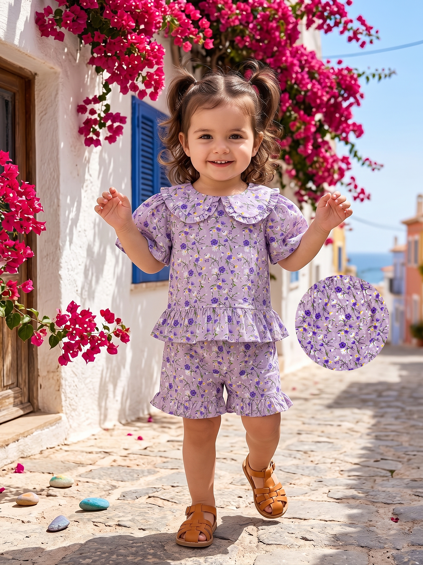 Lavender Floral Ruffle Collar Top & Shorts Set for Girls