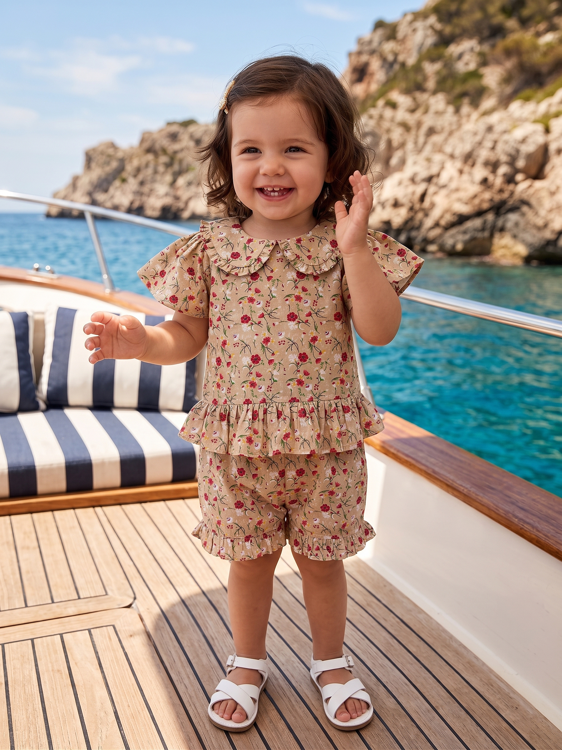 Beige Floral Ruffle Collar Top & Shorts Set for Girls