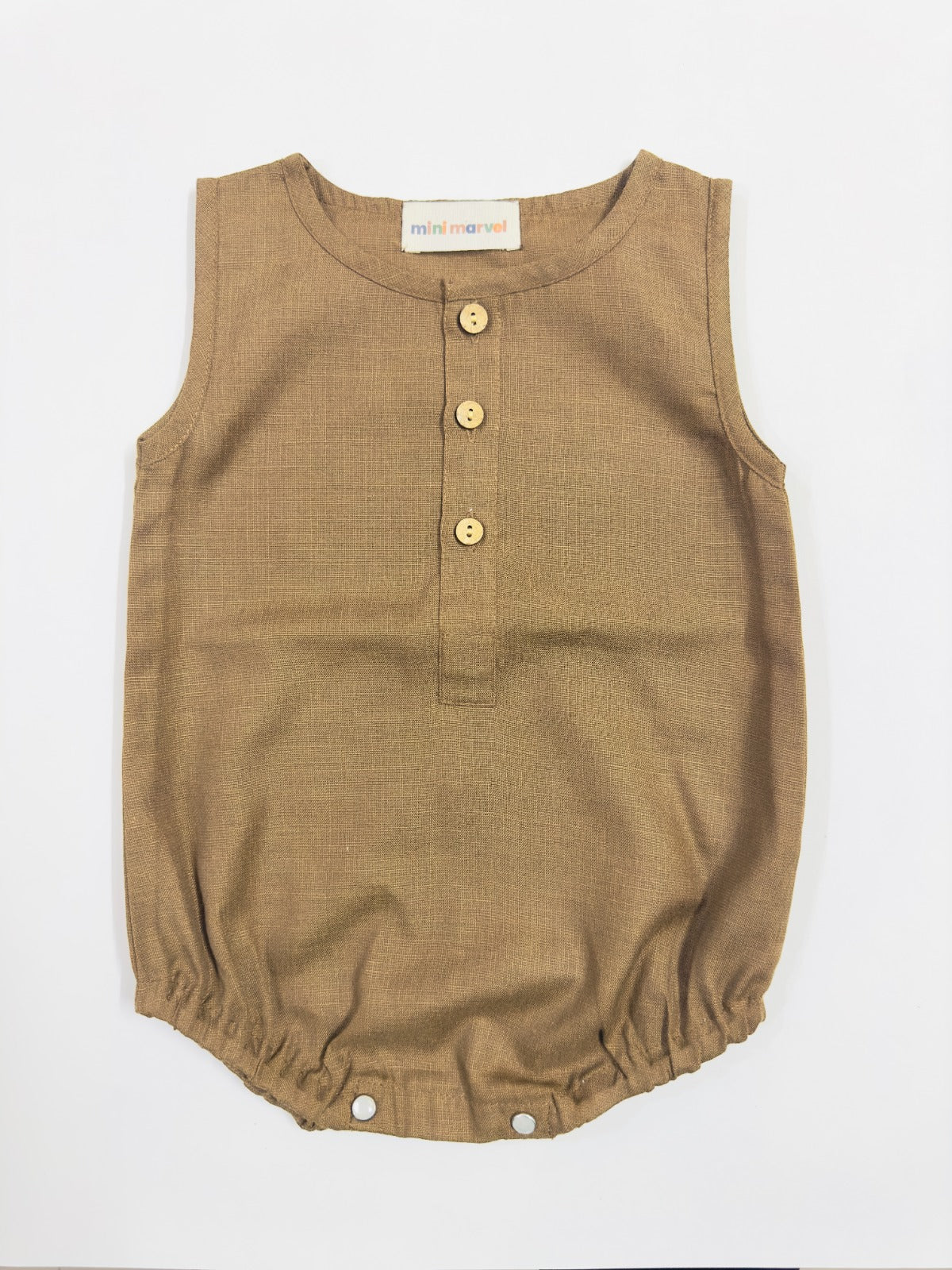 Brown Baby Romper with Wooden Buttons and Snap Closures for Newborns.