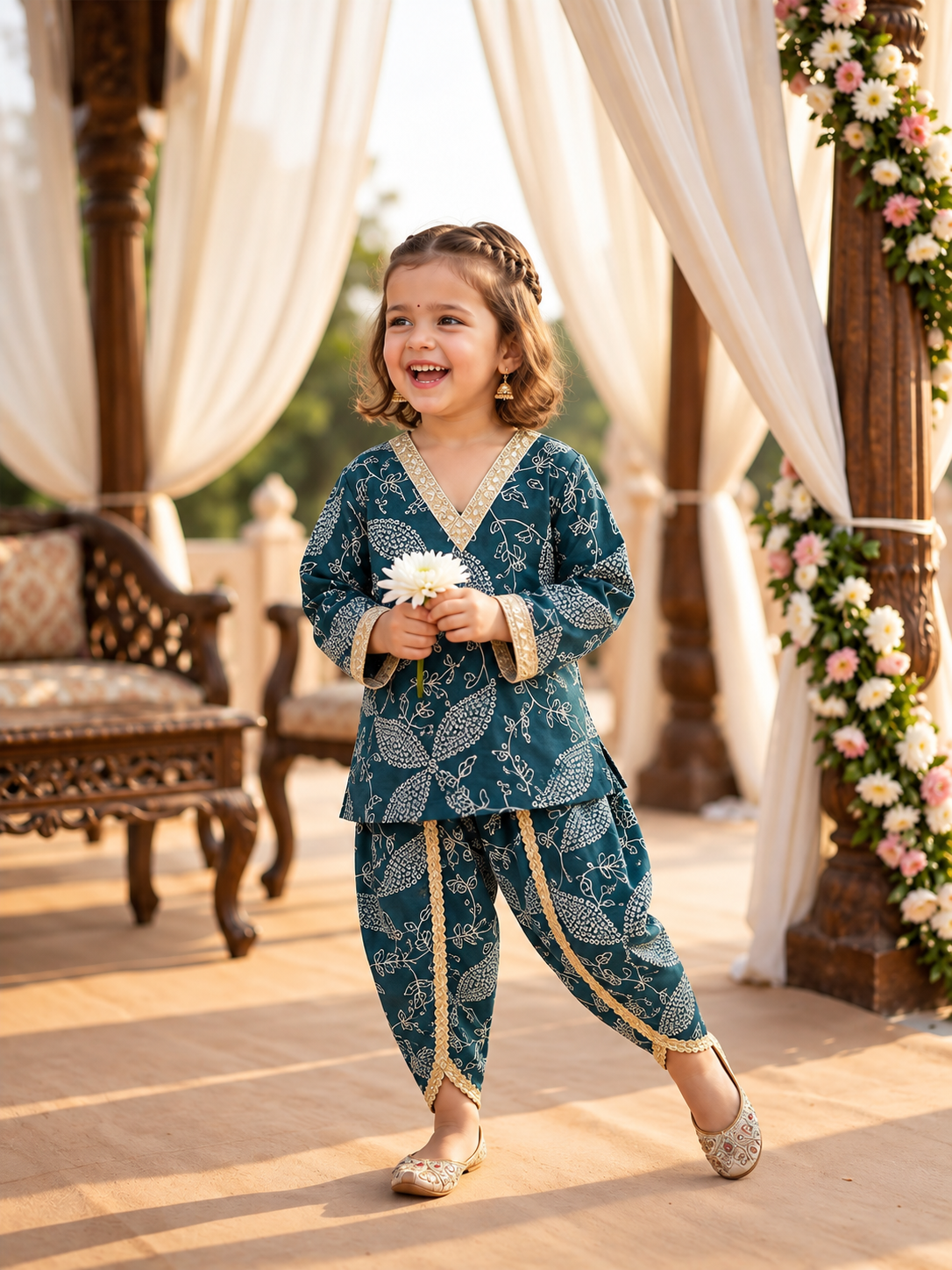 MiniMarvel Teal Floral Festive Kurta Set for Girls