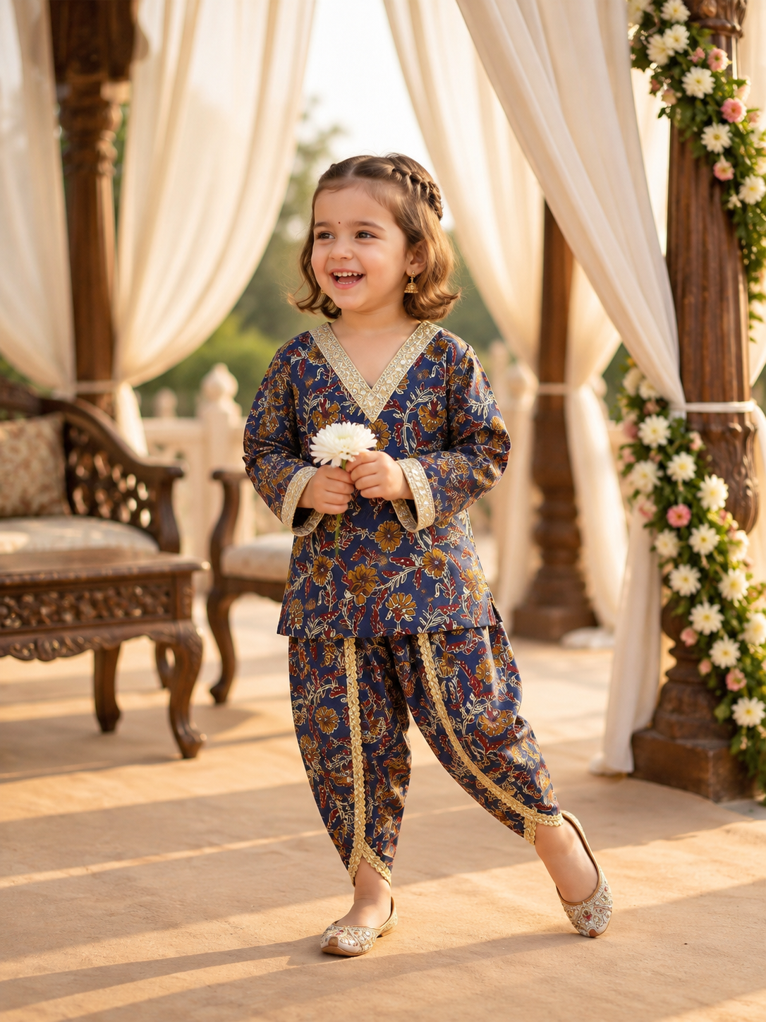 MiniMarvel Navy Blue Floral Ethnic Kurta Set for Girls