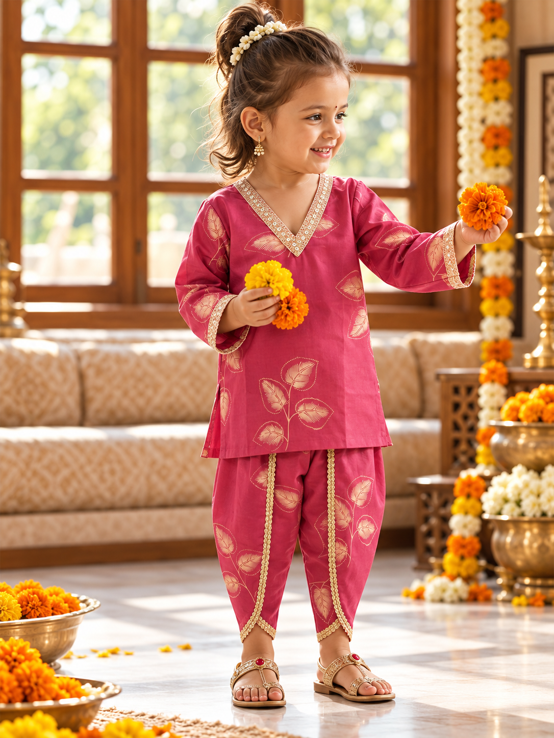 MiniMarvel Rani Pink Leaf Print Ethnic Kurta Set for Girls