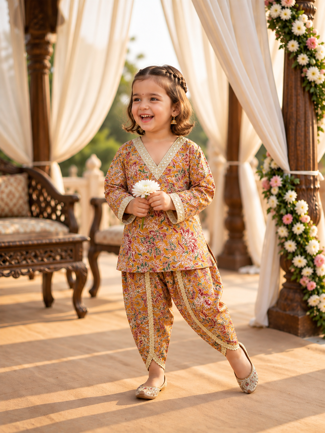 MiniMarvel Mustard Yellow Floral Ethnic Kurta Set for Girls