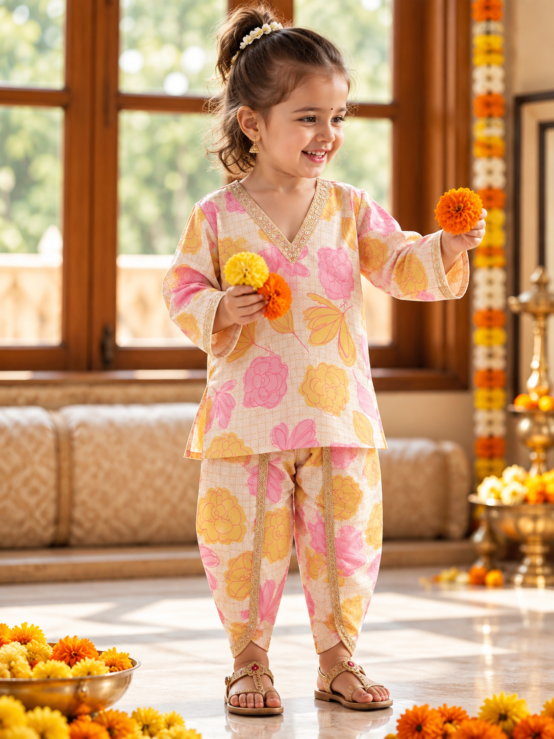 MiniMarvel Pink & Yellow Floral Ethnic Kurta Set for Girls