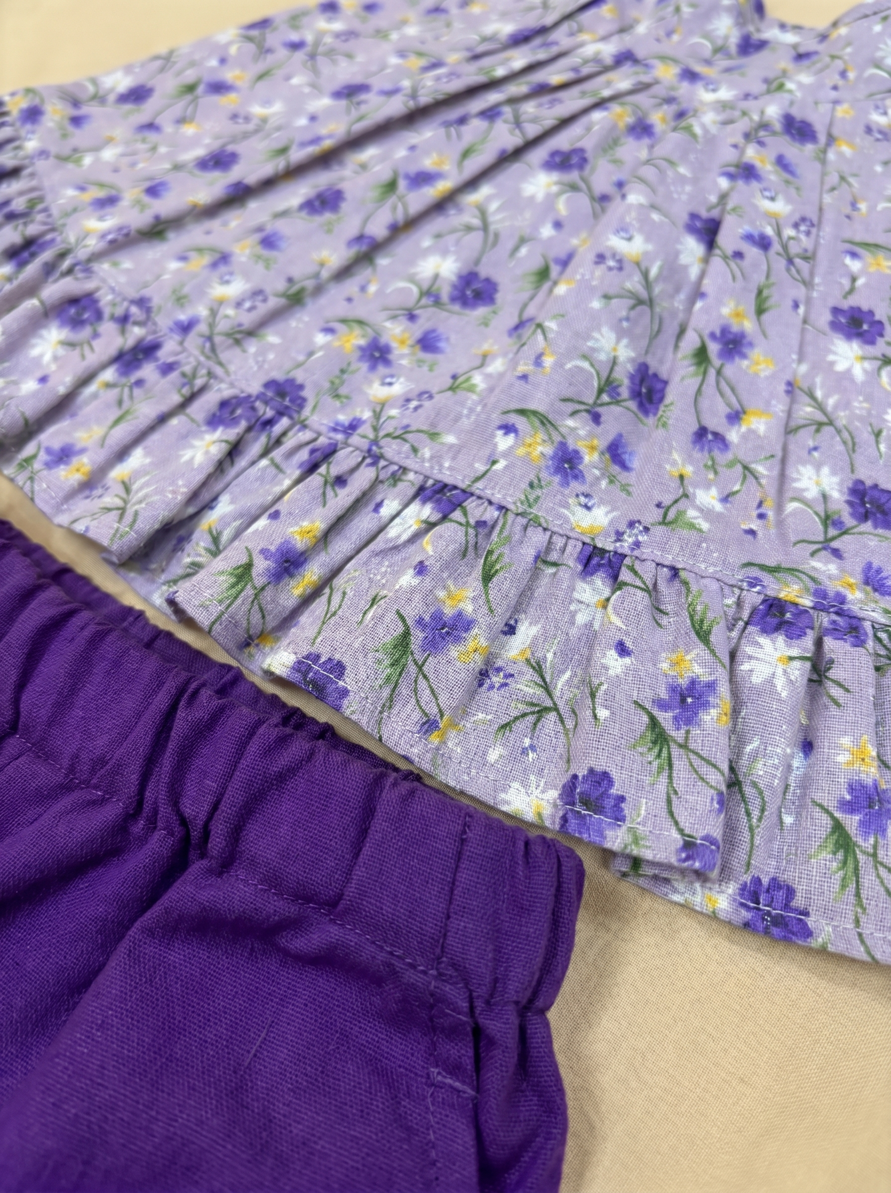 Lavender Floral Tie-Up Top & Purple Ruffle Hem Pants Set for Girls