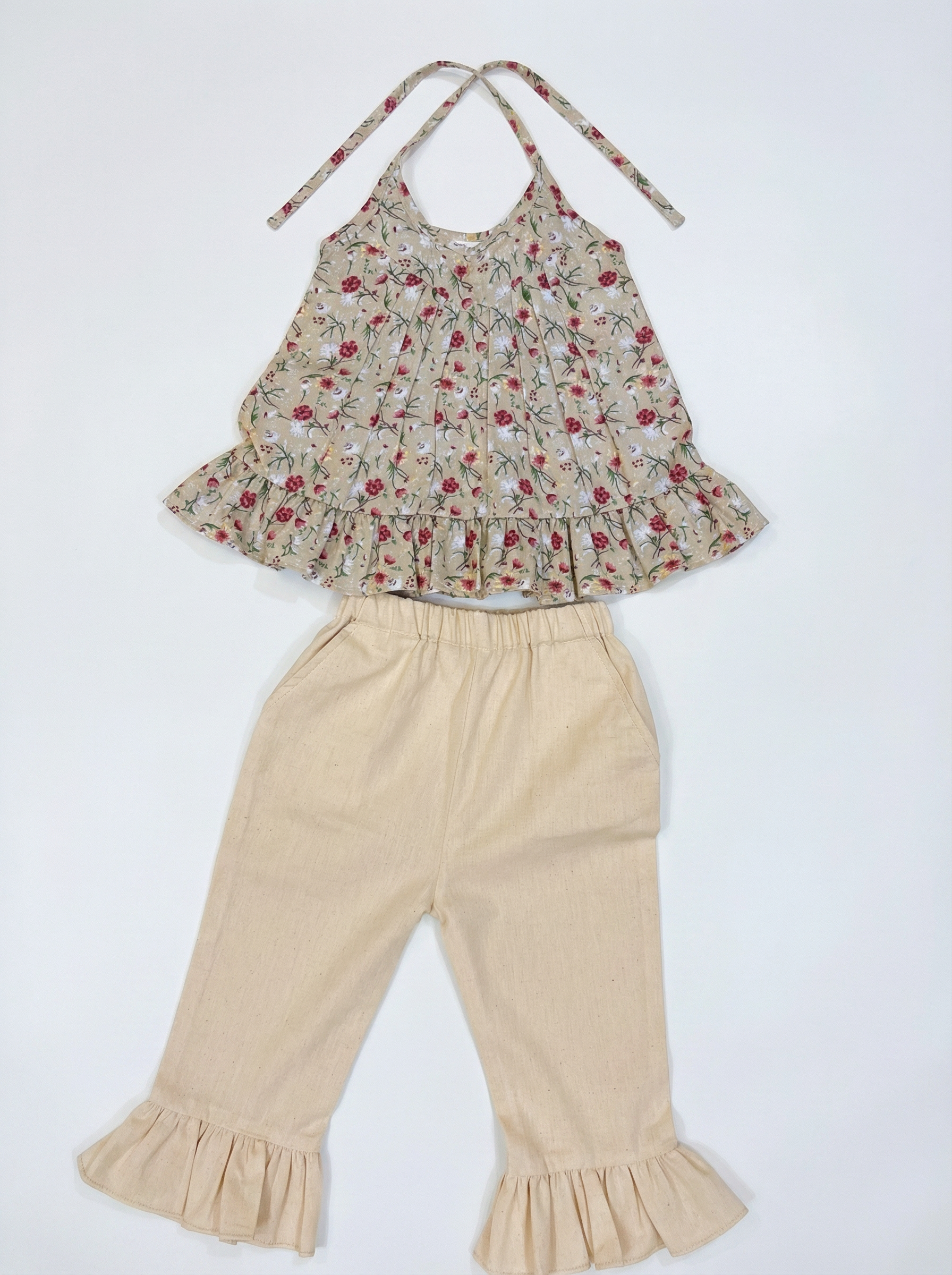 Floral Strappy Peplum Top & Ruffle Hem Pants Set for Girls