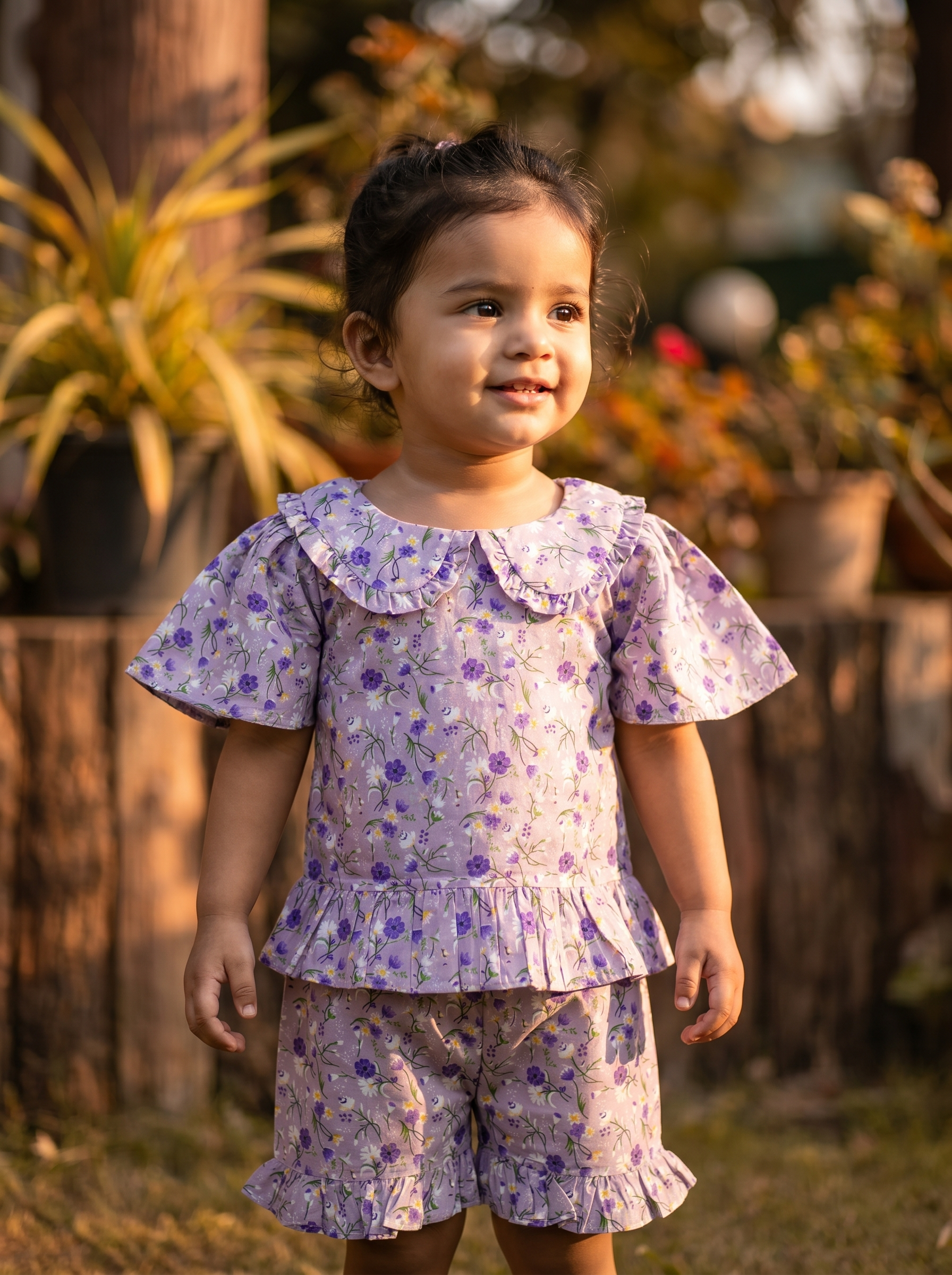 Lavender Floral Ruffle Collar Top & Shorts Set for Girls