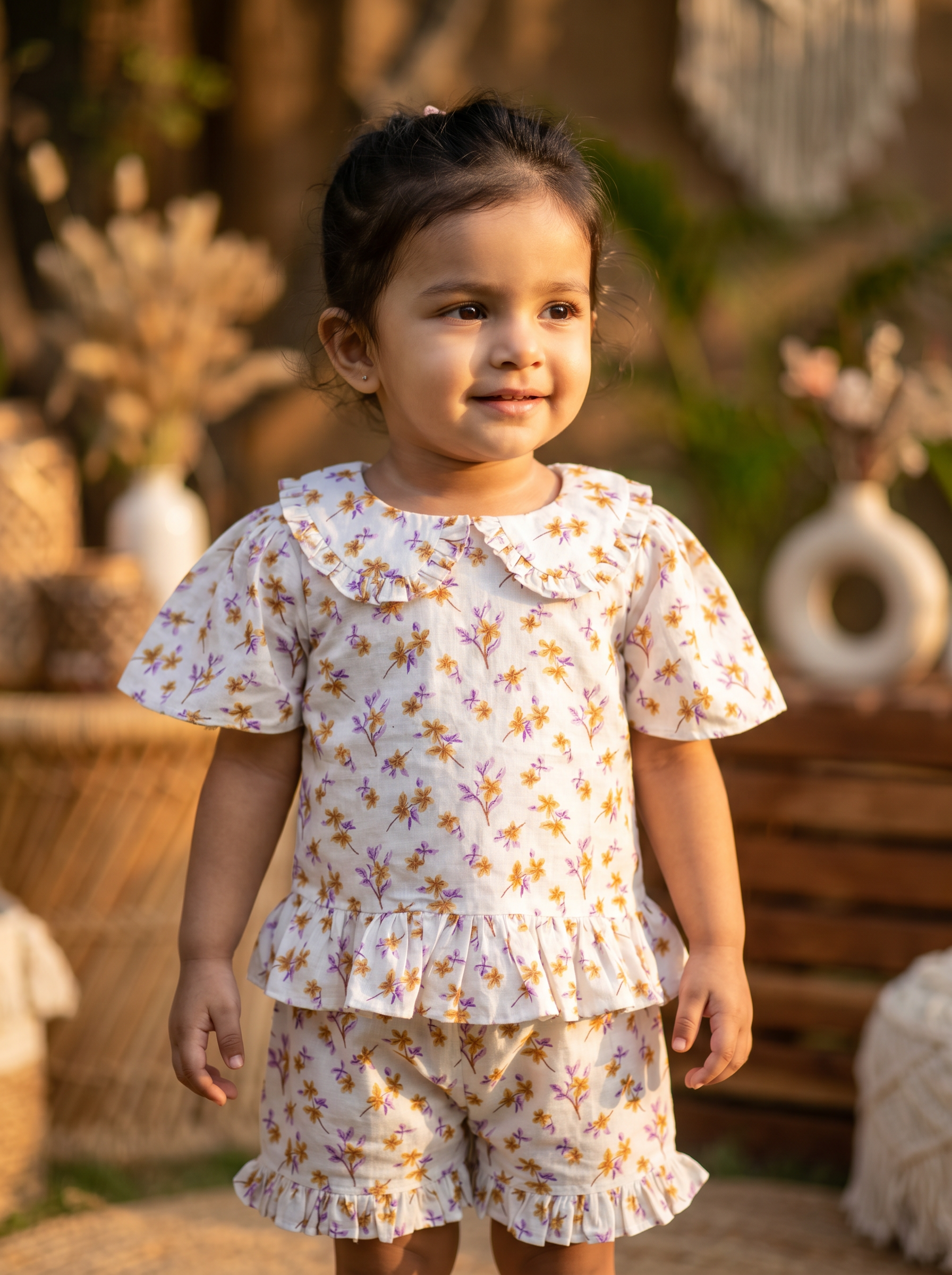 Floral Ruffle Collar Top & Shorts Set for Girls