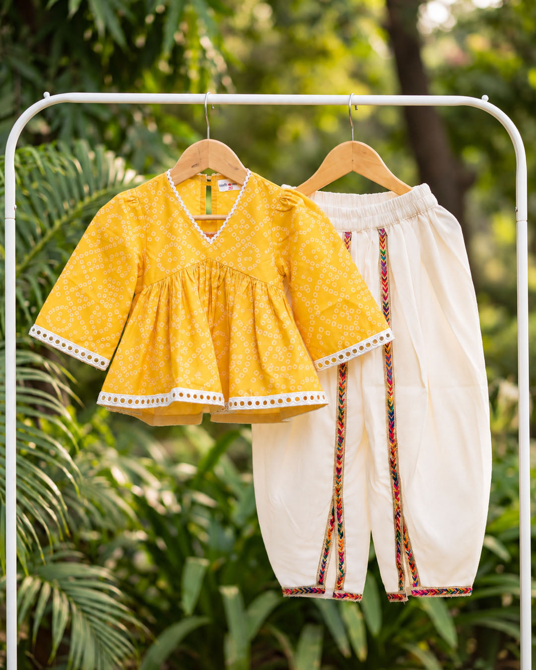 Sunshine Yellow Printed Girls Top with off-White Dhoti