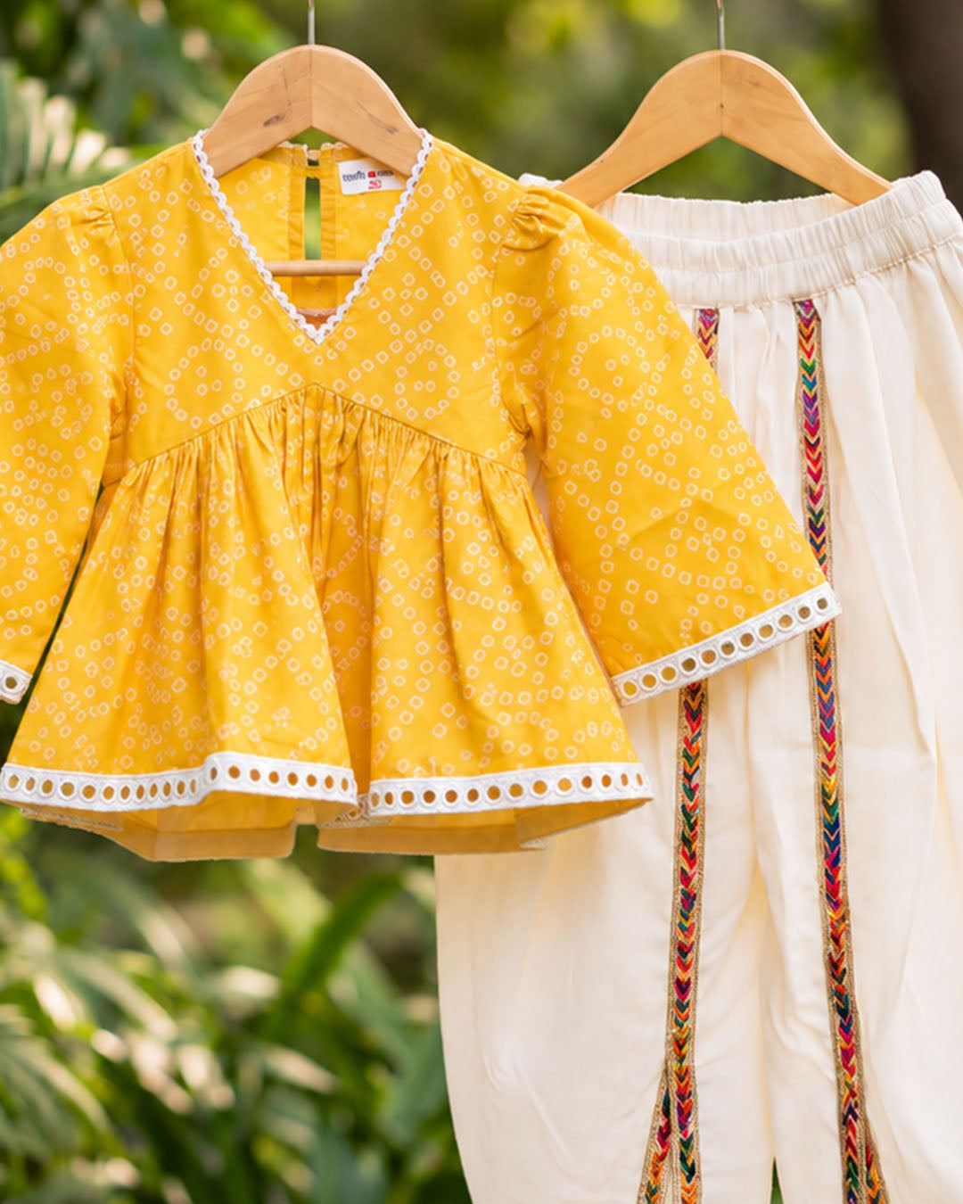 Sunshine Yellow Printed Girls Top with off-White Dhoti