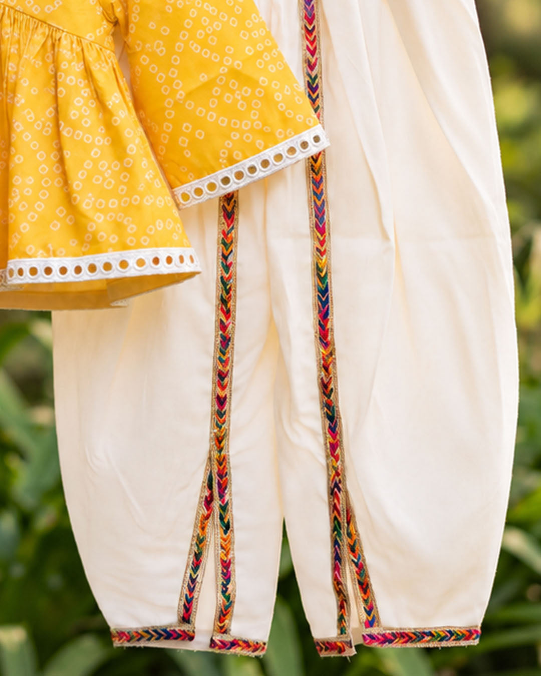 Sunshine Yellow Printed Girls Top with off-White Dhoti