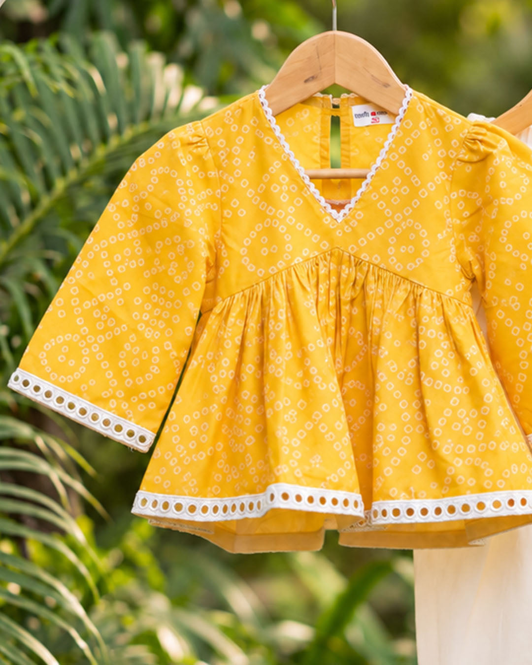 Sunshine Yellow Printed Girls Top with off-White Dhoti
