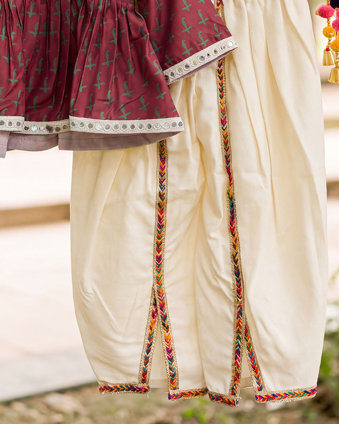Wine Printed Girls Top off-White Dhoti Set