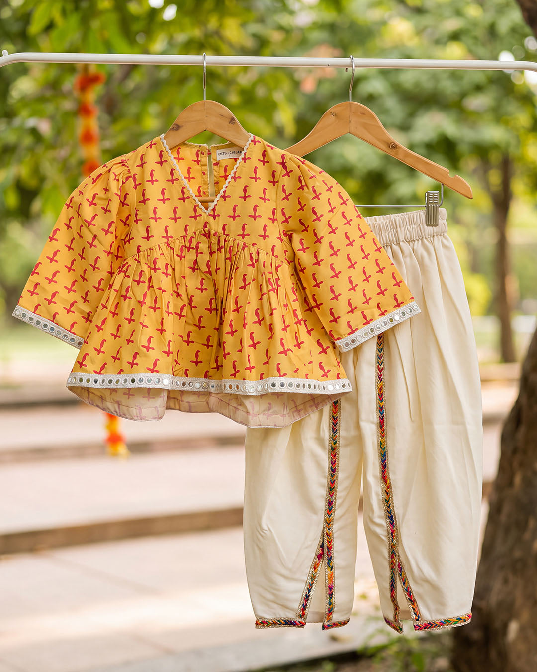 Mustard Yellow Printed Girls Top with Ivory Dhoti Pants Set