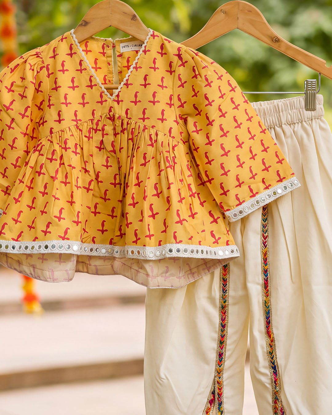 Mustard Yellow Printed Girls Top with Ivory Dhoti Pants Set