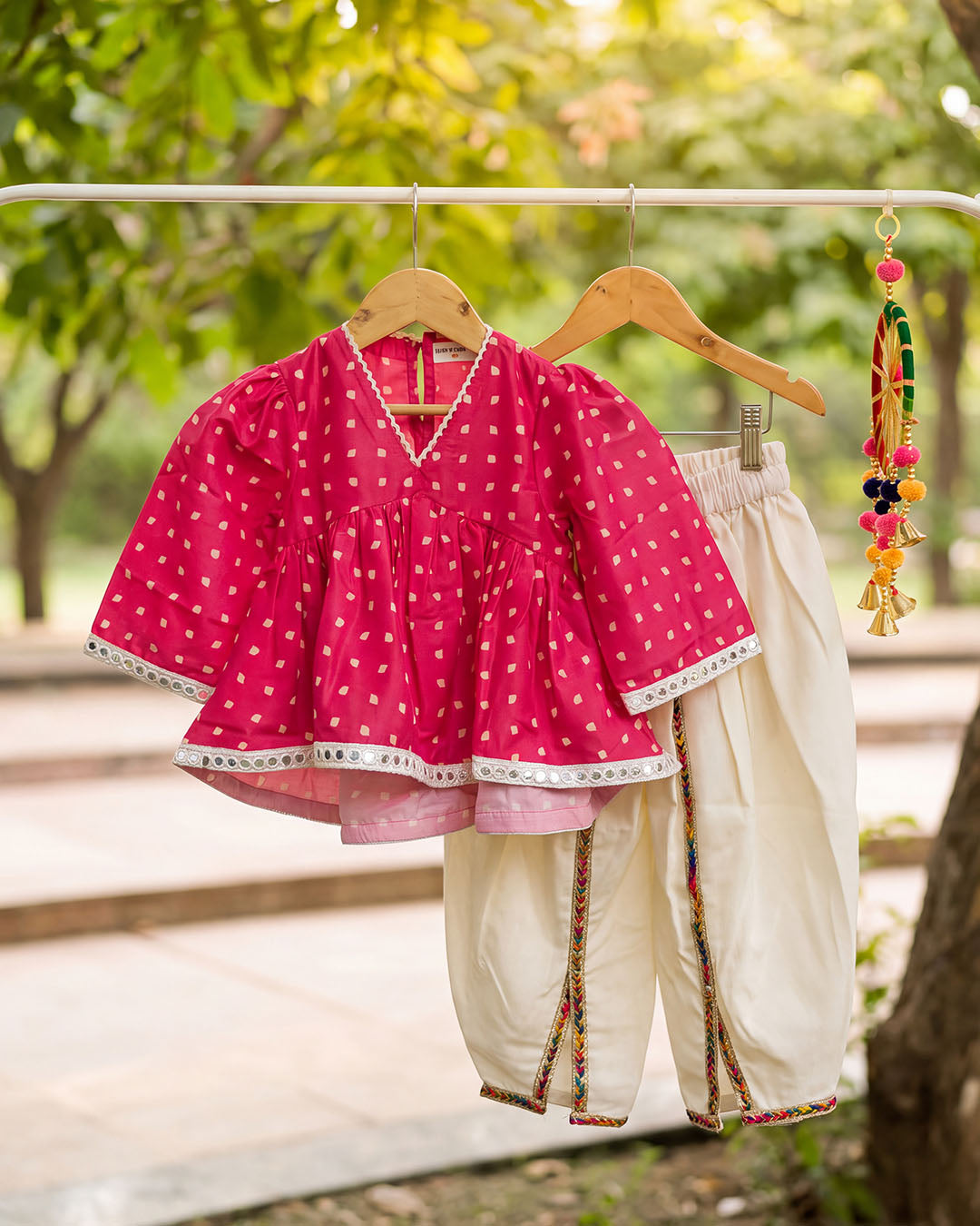 Pink Printed Girls Top with Ivory Dhoti Pants Set