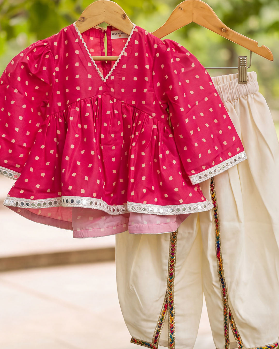 Pink Printed Girls Top with Ivory Dhoti Pants Set