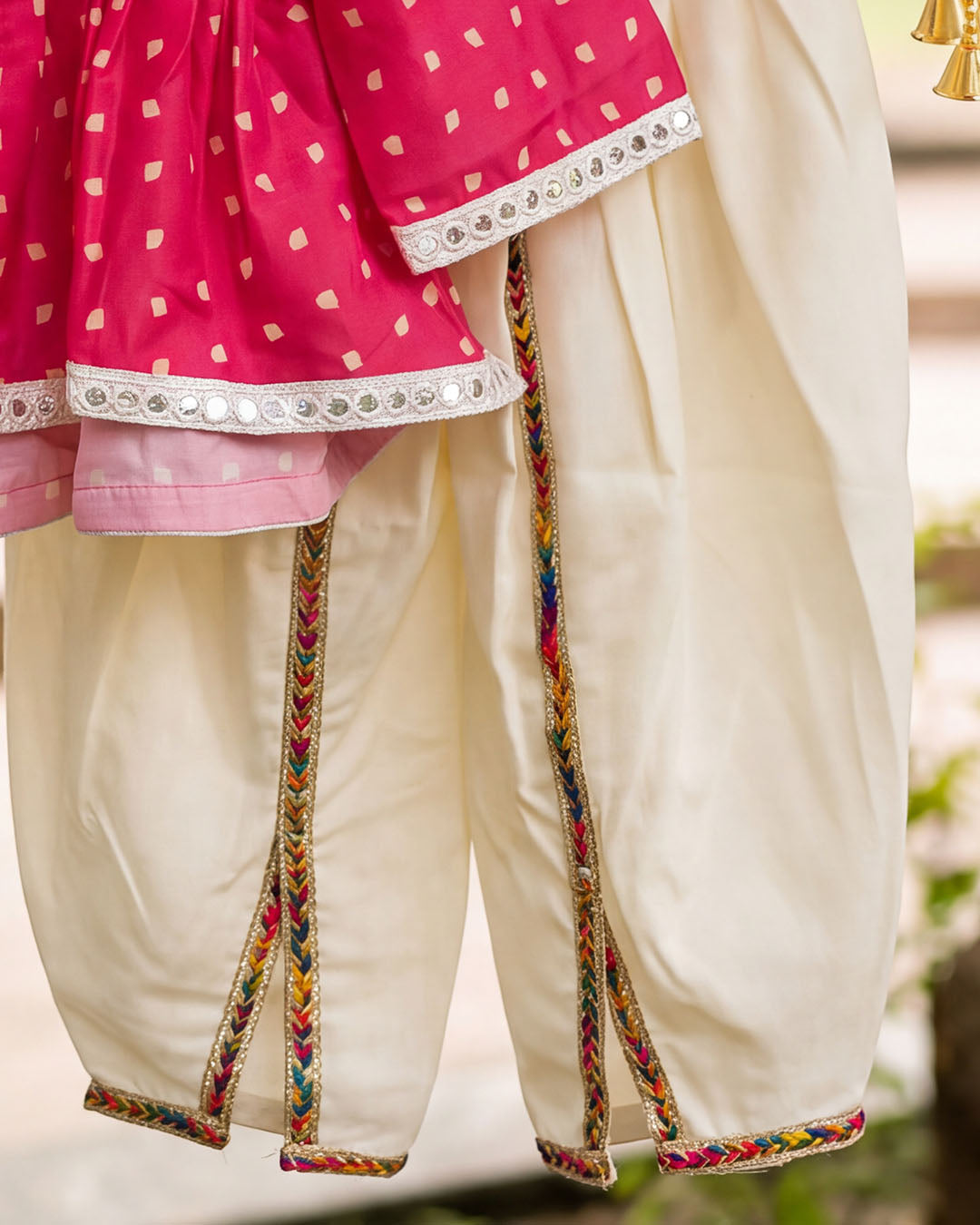 Pink Printed Girls Top with Ivory Dhoti Pants Set