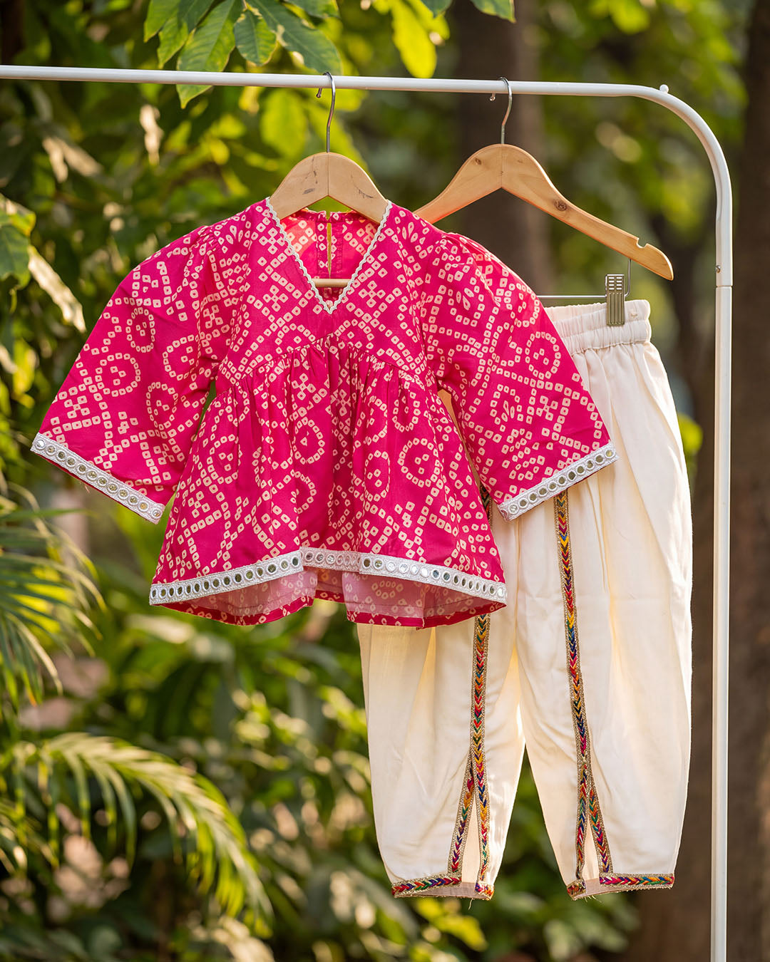 Fuchsia Pink Bandhani Print Girls Top with Ivory Dhoti Pants Set