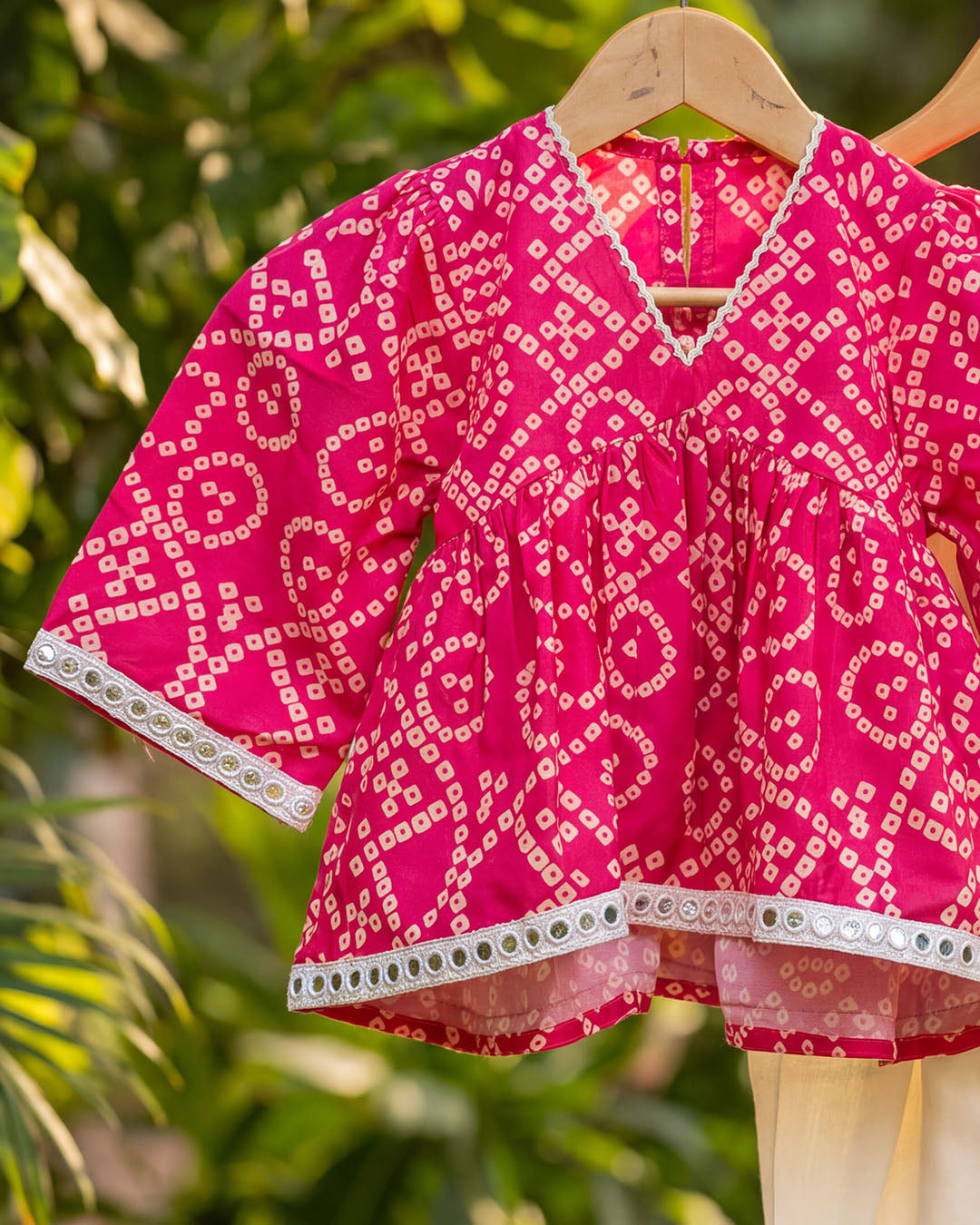 Fuchsia Pink Bandhani Print Girls Top with Ivory Dhoti Pants Set
