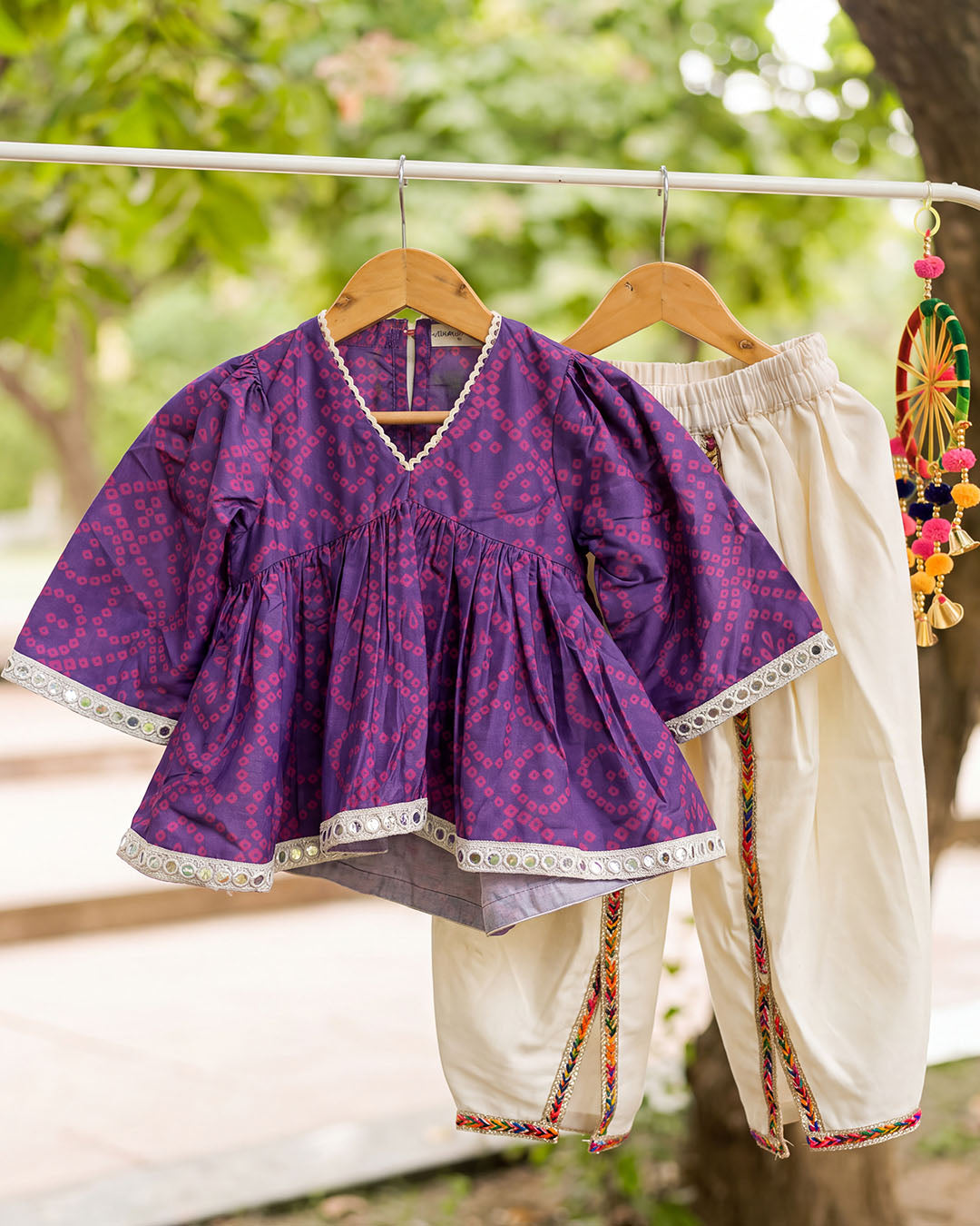 Purple Bandhani Print Girls Top with Ivory Dhoti Pants Set