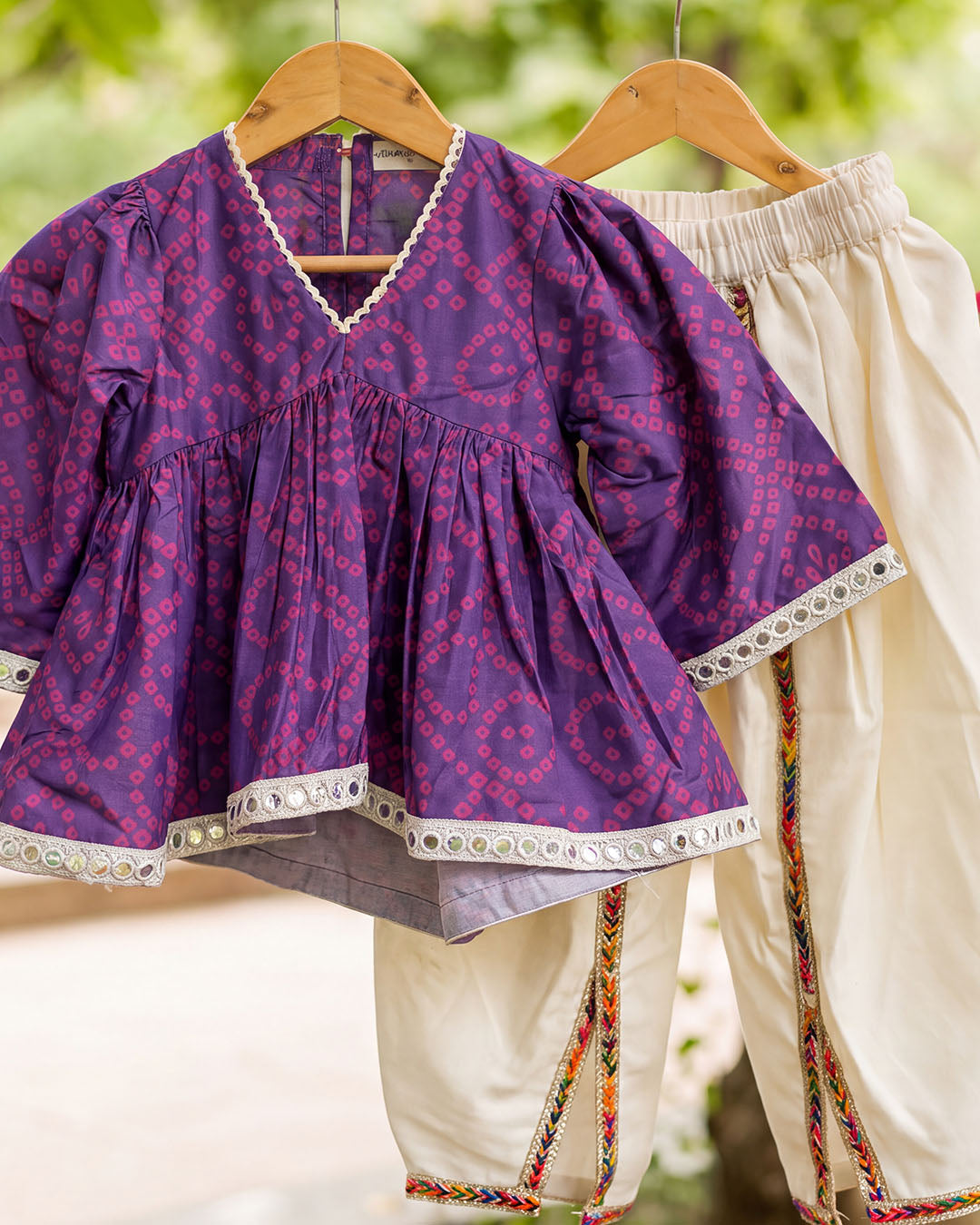 Purple Bandhani Print Girls Top with Ivory Dhoti Pants Set