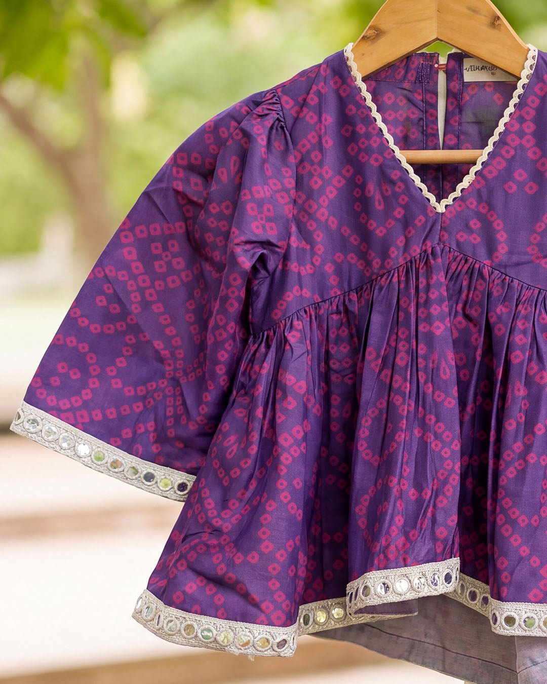Purple Bandhani Print Girls Top with Ivory Dhoti Pants Set