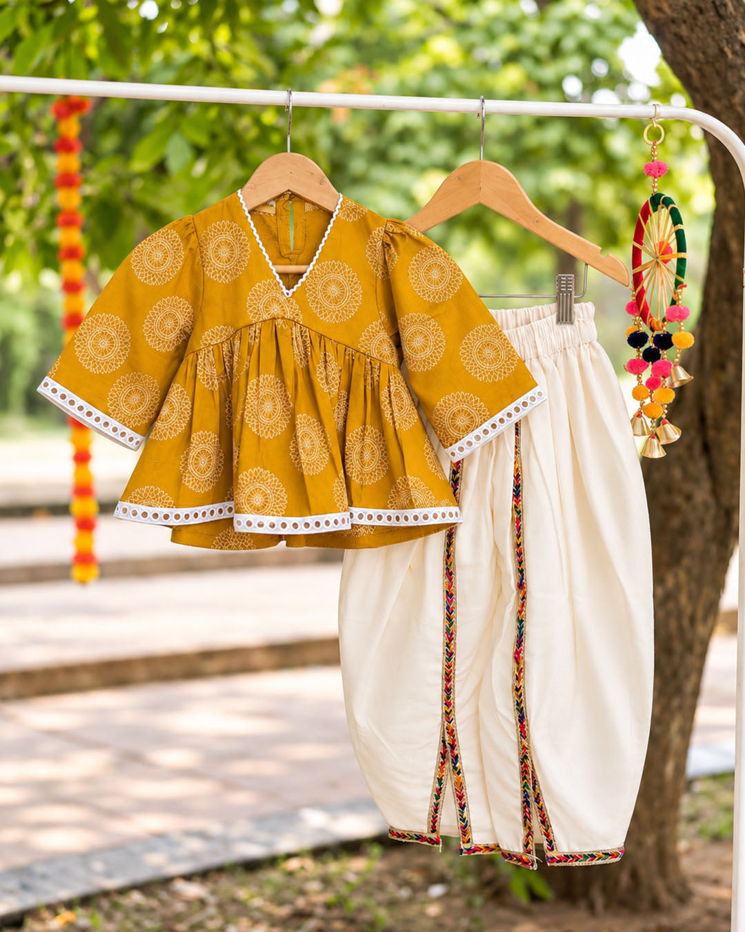 Marigold Charm Girls Top with Ivory Dhoti Pants Set