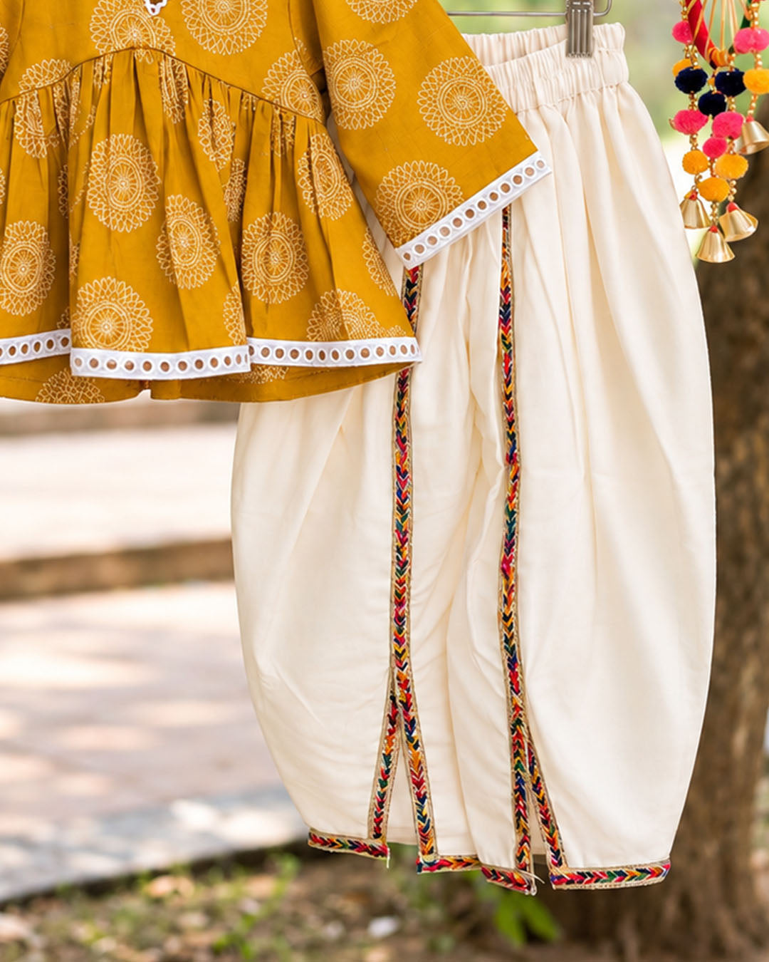 Marigold Charm Girls Top with Ivory Dhoti Pants Set