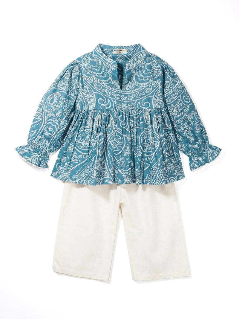 Azure Paisley Peplum Co-Ord Set for Girls