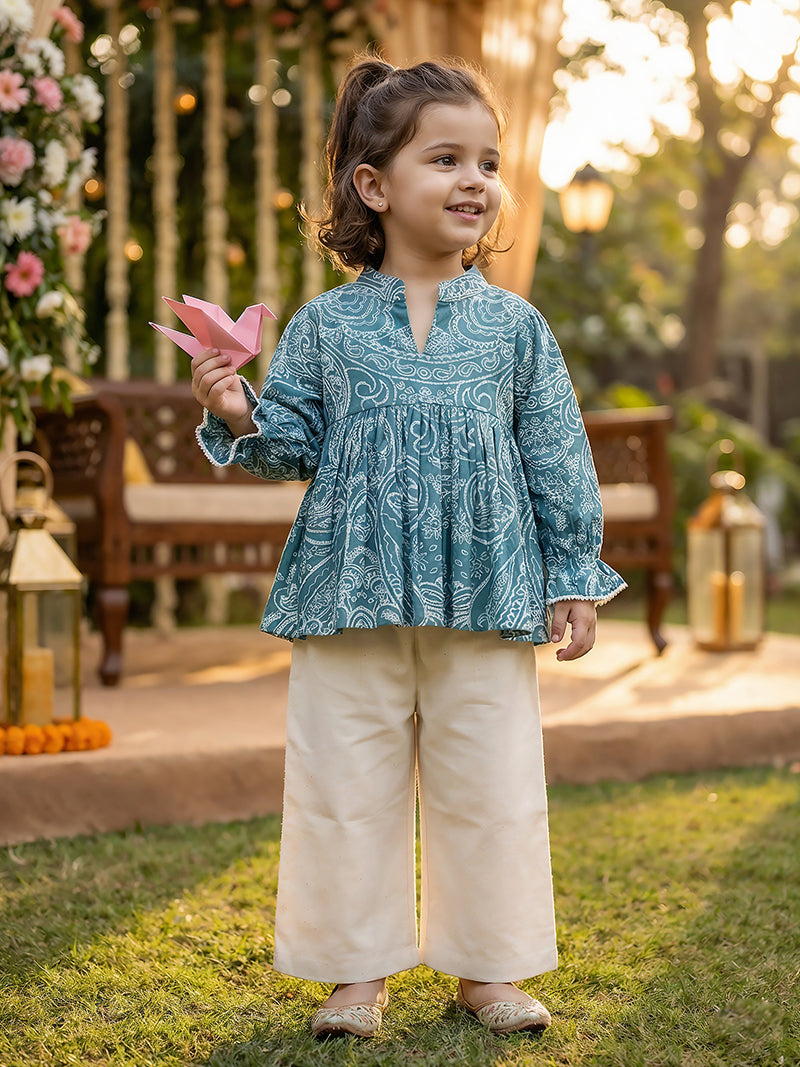 Azure Paisley Peplum Co-Ord Set for Girls