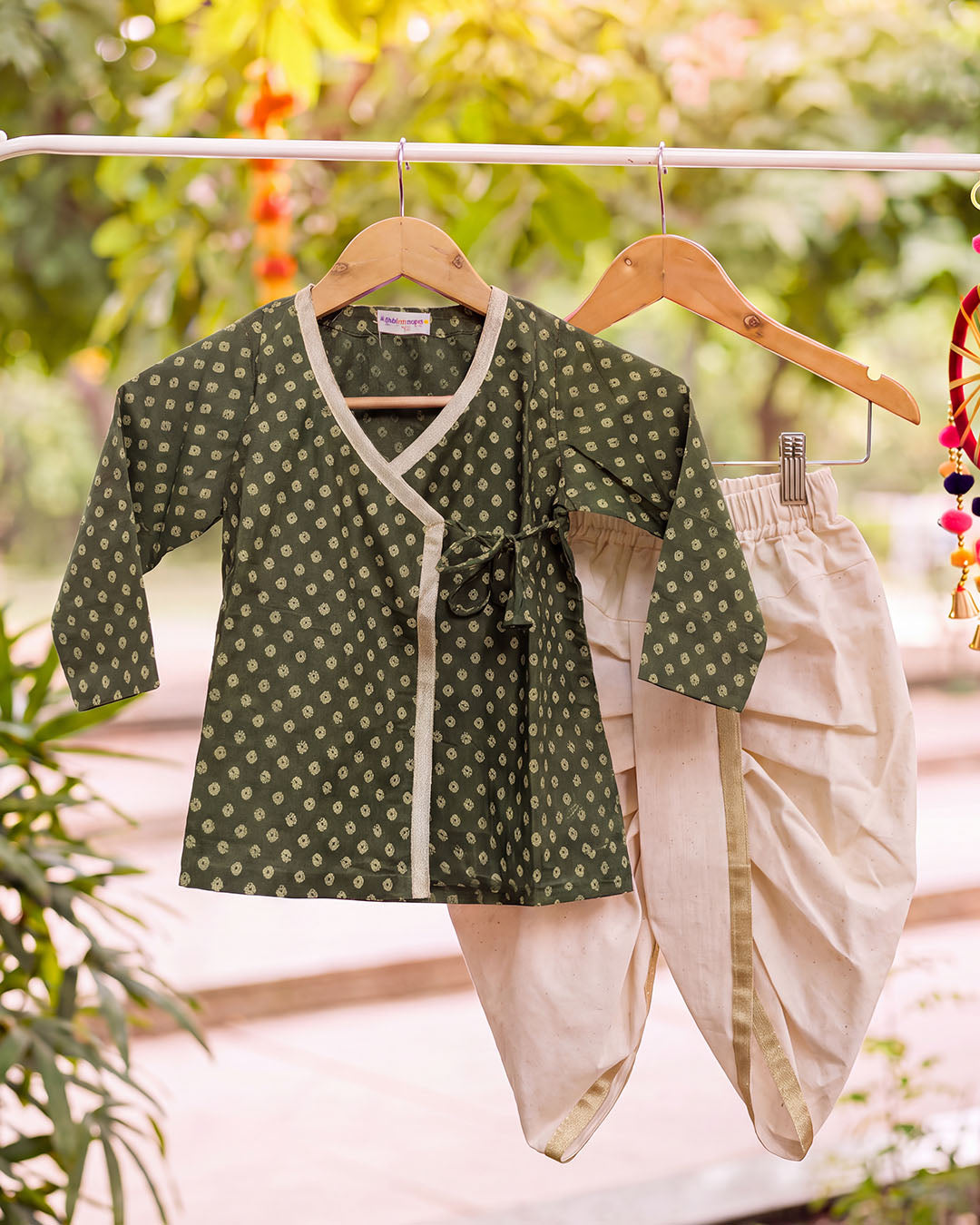 Olive Bandhani Wrap Kurta & Dhoti Set