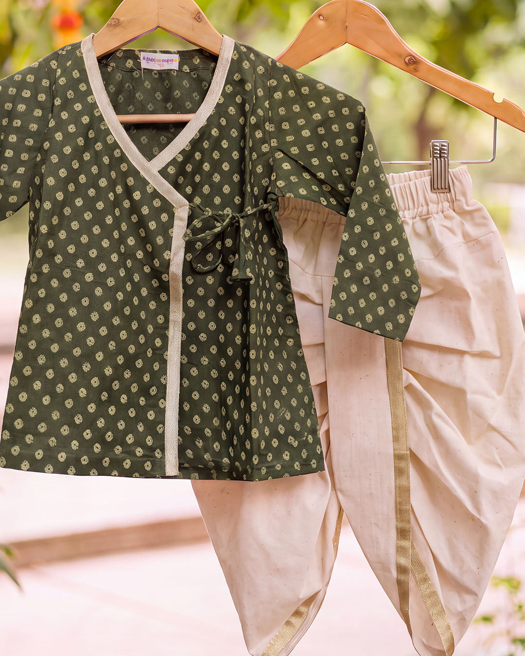 Olive Bandhani Wrap Kurta & Dhoti Set
