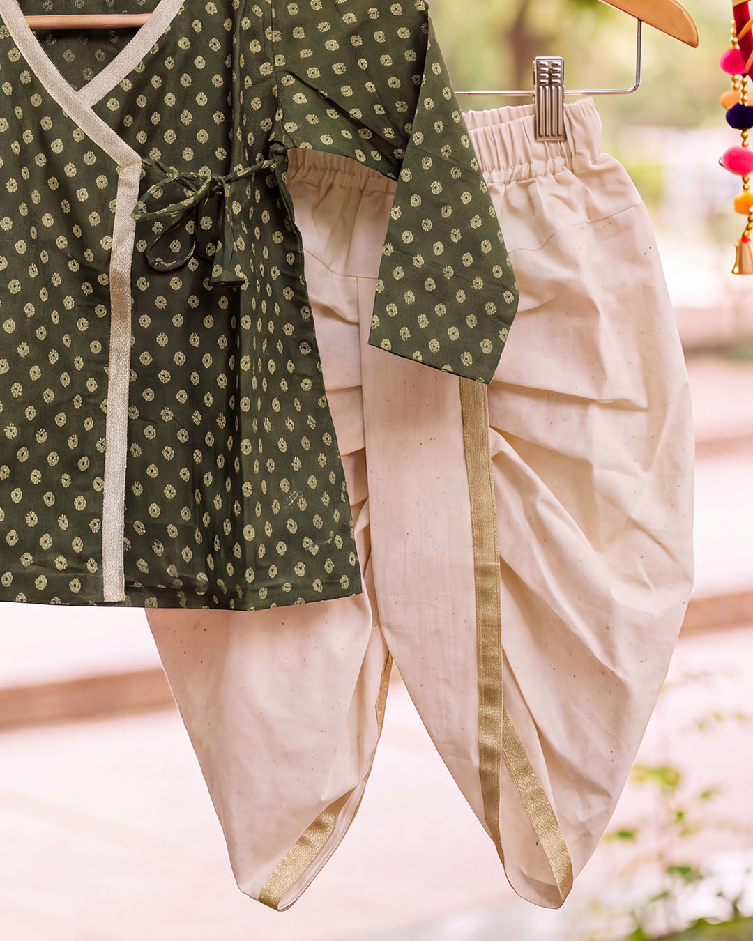 Olive Bandhani Wrap Kurta & Dhoti Set