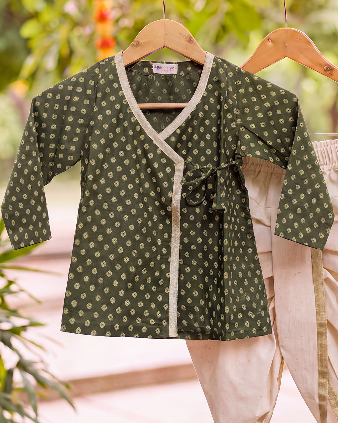 Olive Bandhani Wrap Kurta & Dhoti Set