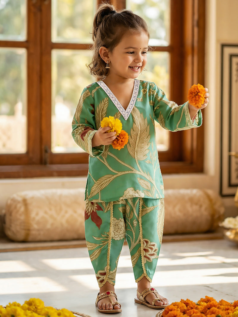 Mehendi Leaf Printed Kurta Pant Set for Girls
