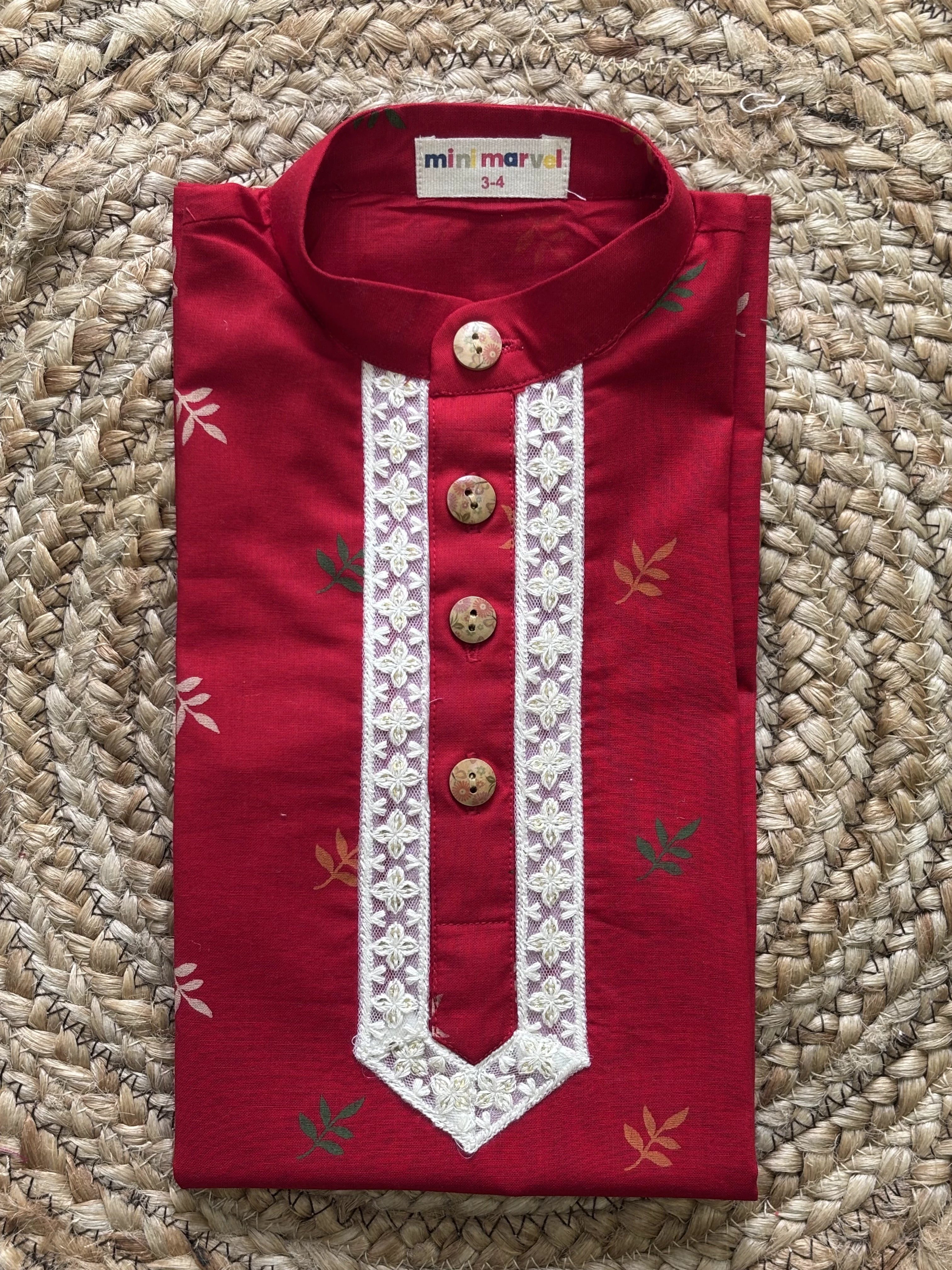 Red Leaf Print Cotton Kurta set