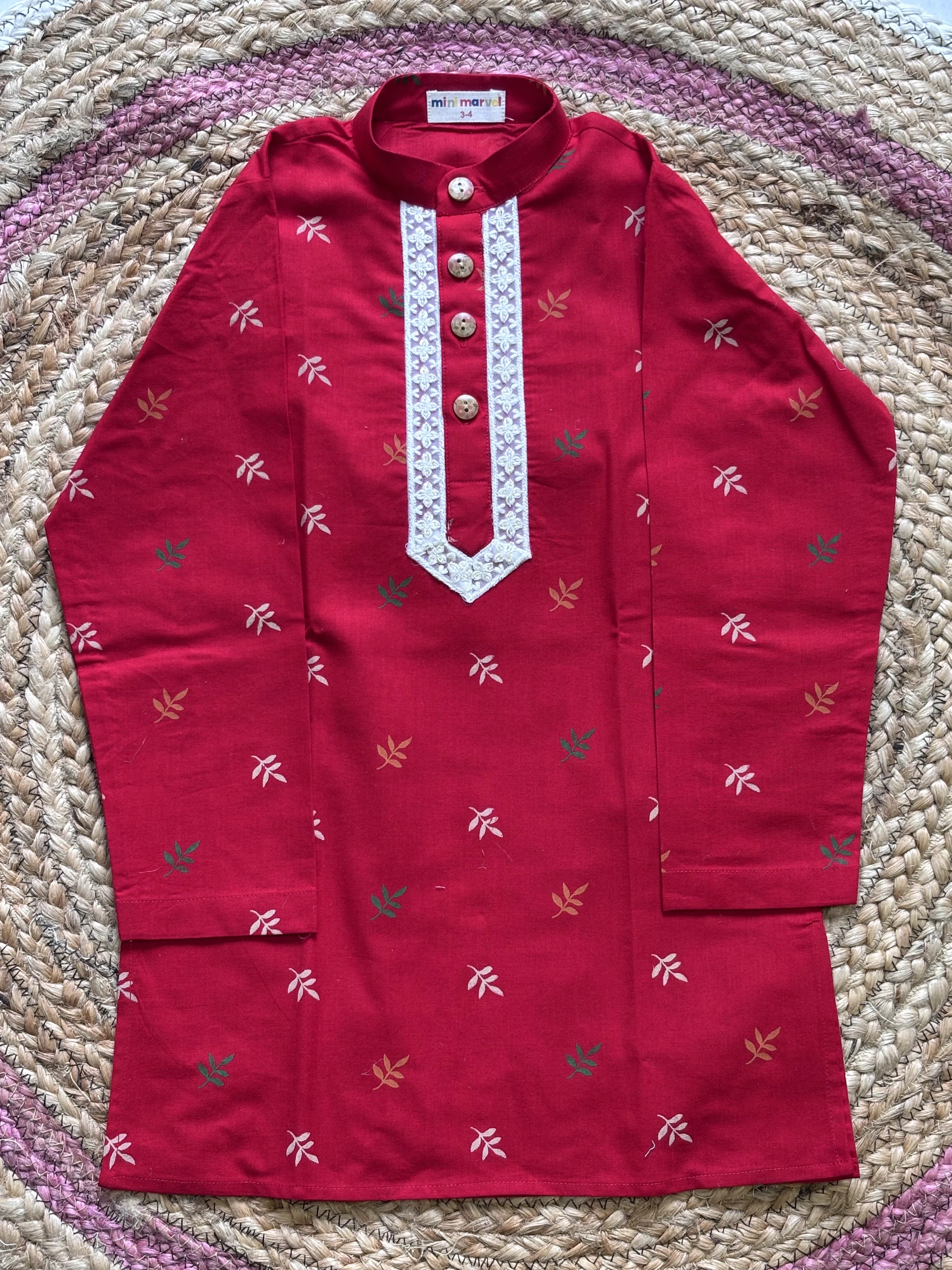 Red Leaf Print Cotton Kurta set