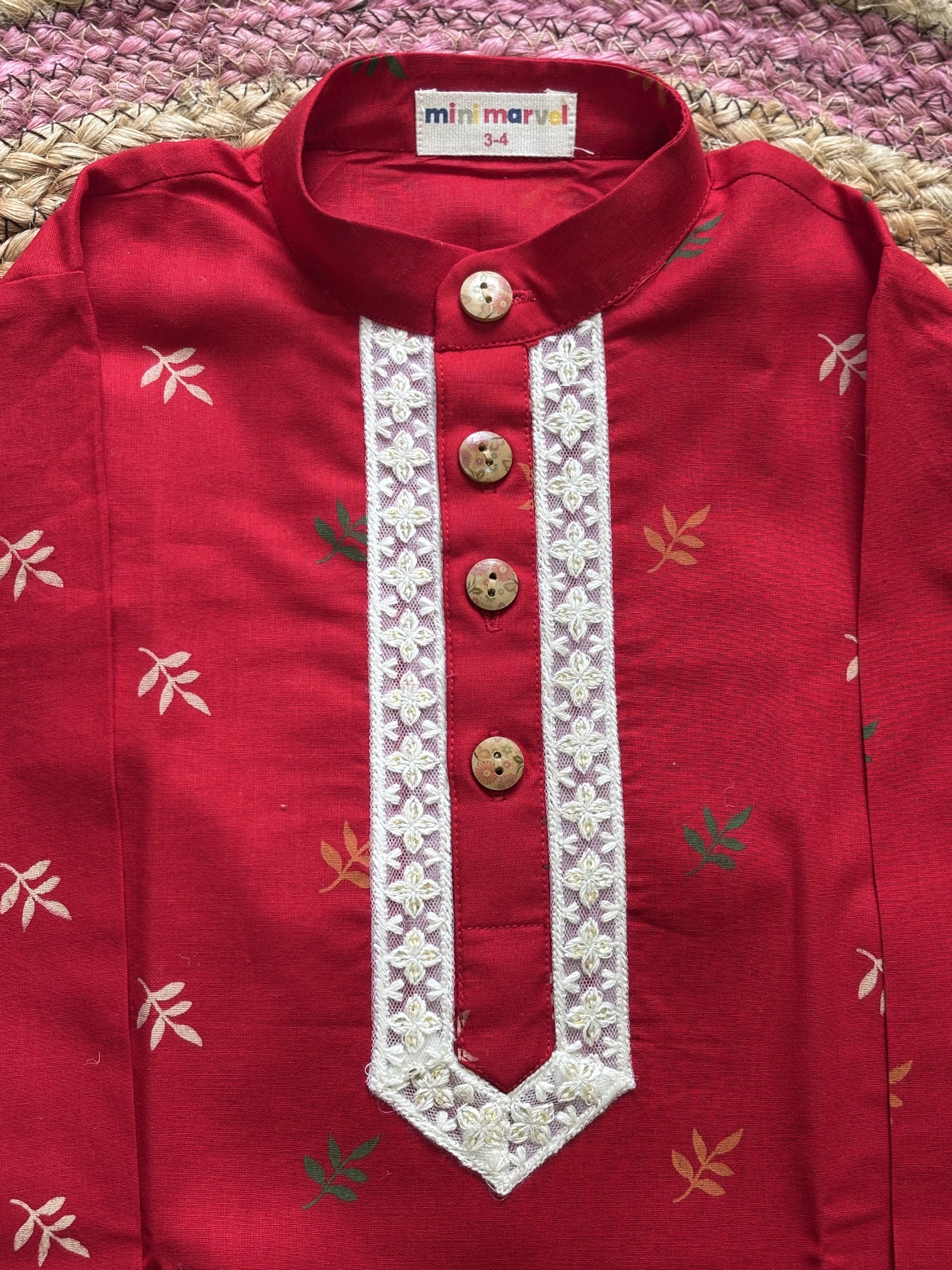 Red Leaf Print Cotton Kurta set