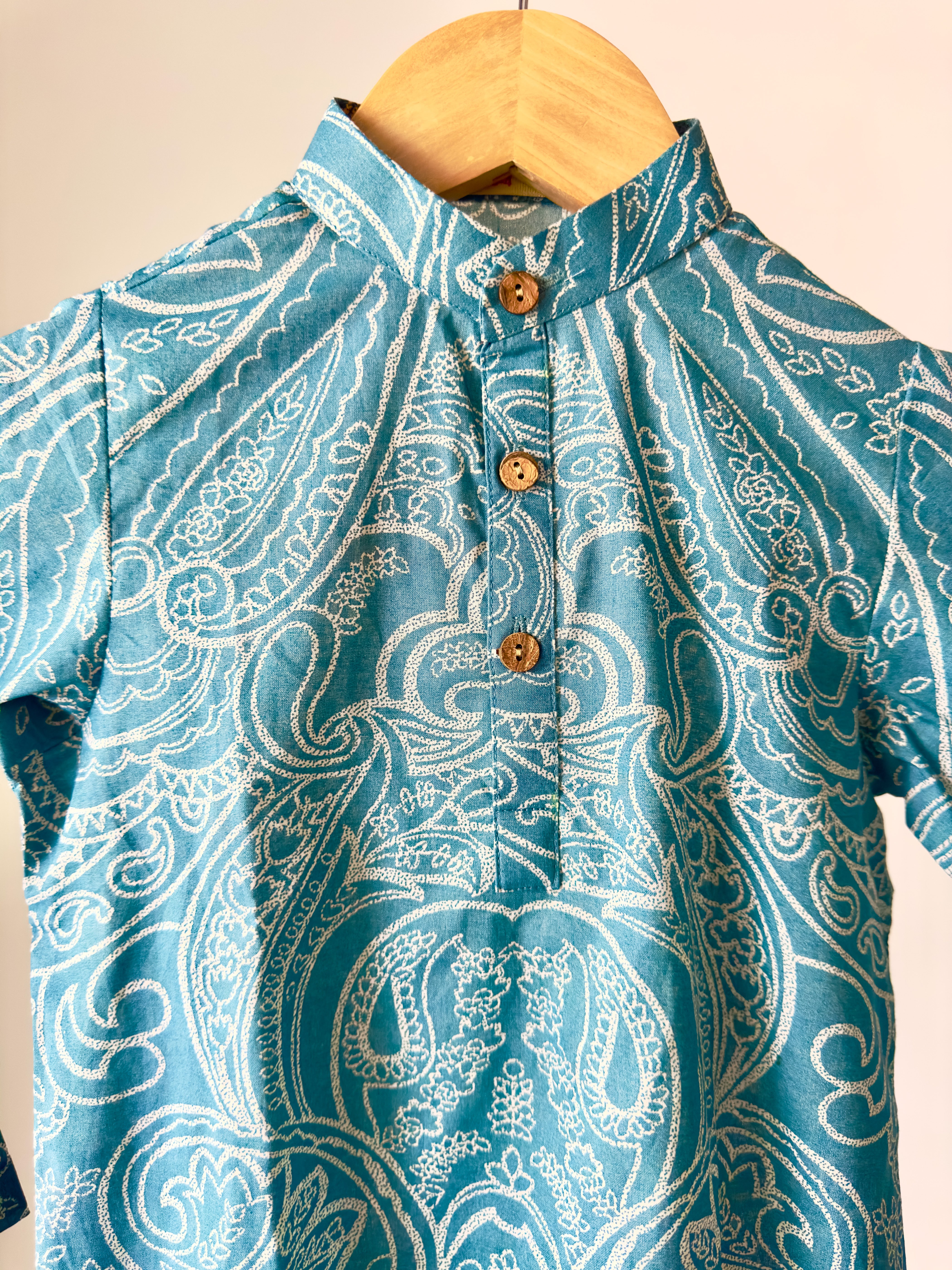Turquoise Paisley Printed Cotton Kurta