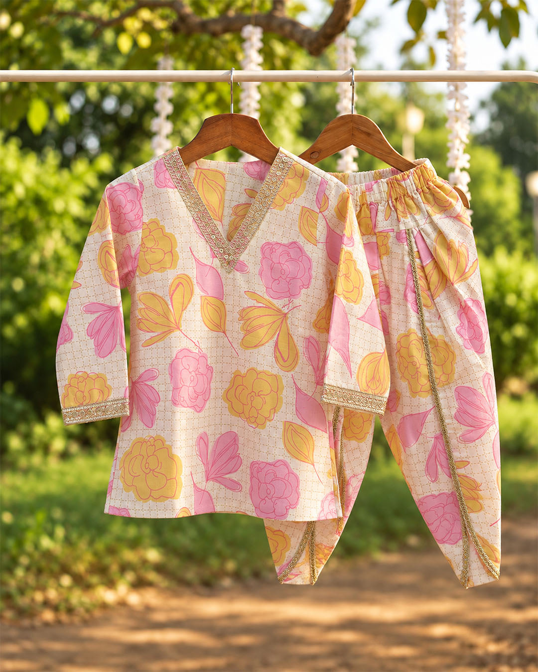 MiniMarvel Pink & Yellow Floral Ethnic Kurta Set for Girls