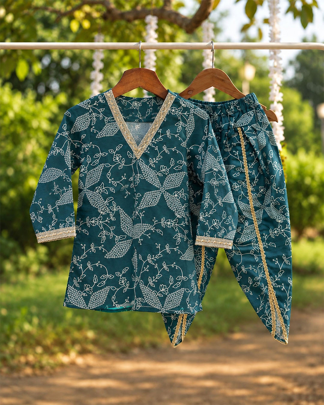 MiniMarvel Teal Floral Festive Kurta Set for Girls