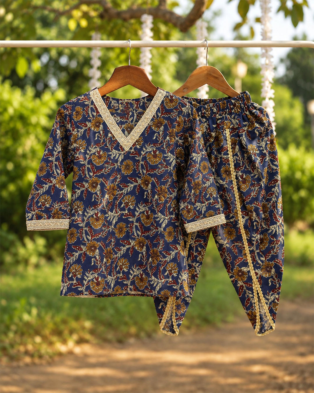 MiniMarvel Navy Blue Floral Ethnic Kurta Set for Girls