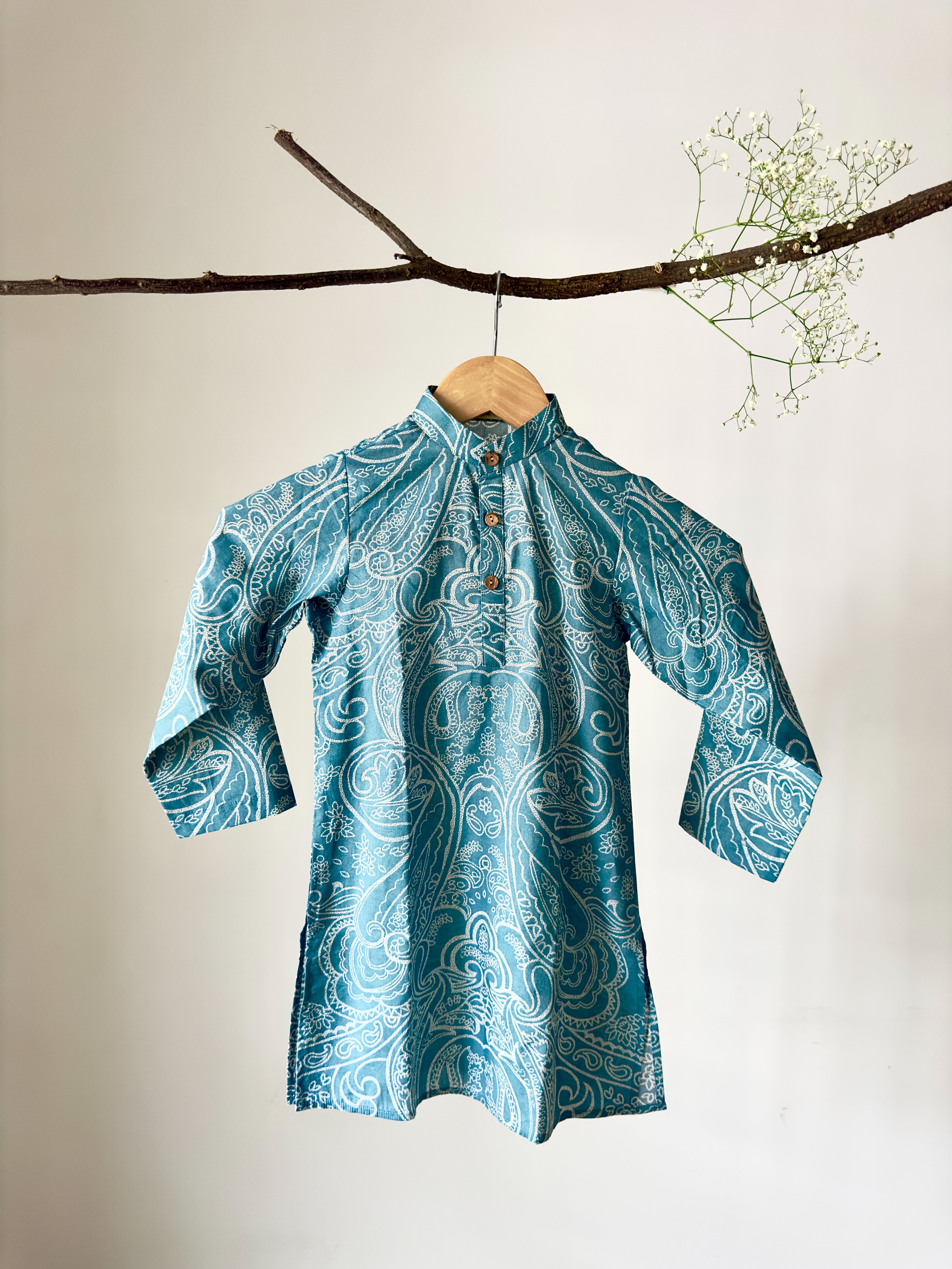 Turquoise Paisley Printed Cotton Kurta