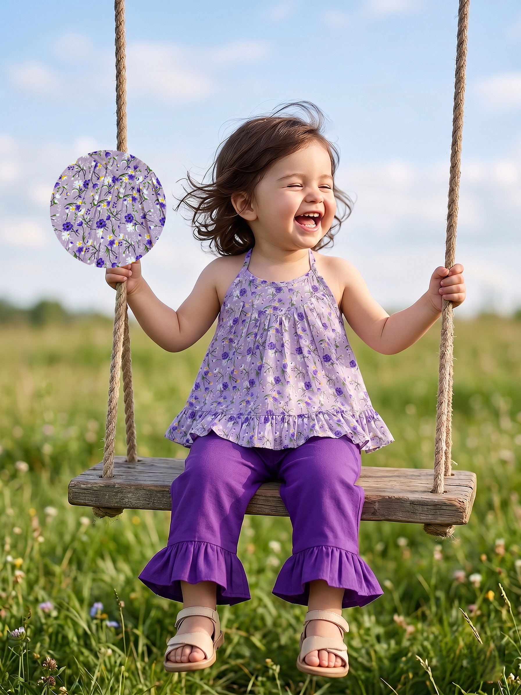 Lavender Floral Tie-Up Top & Purple Ruffle Hem Pants Set for Girls